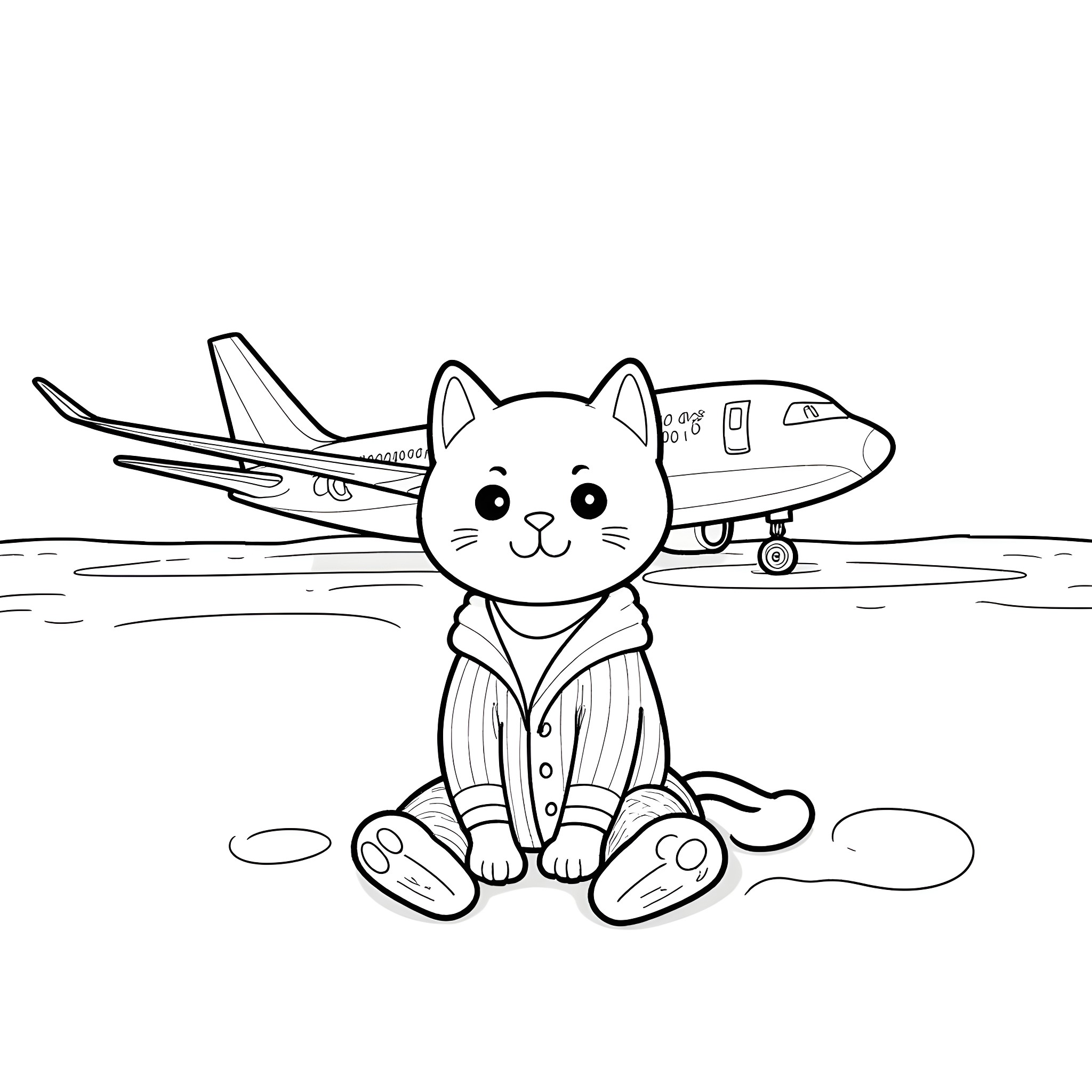 Cat traveling with airplane Coloring Page (free black-and-white line drawing printable PDF for all, from beginners to advanced learners, including children, teens, adults, and seniors)