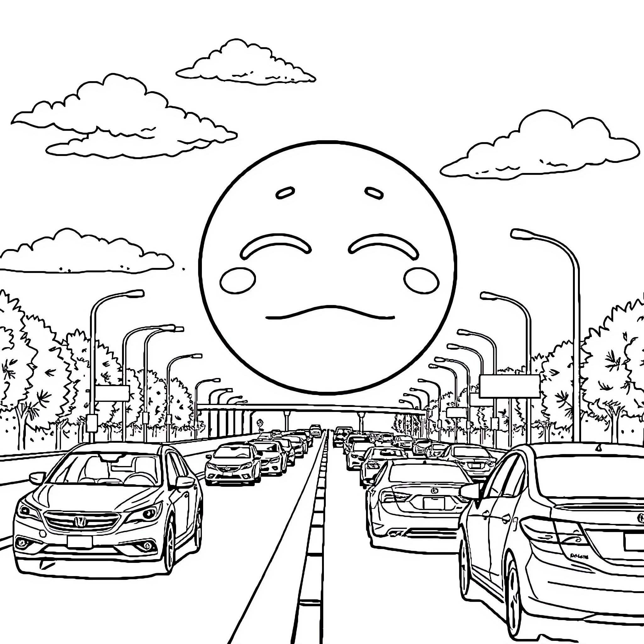 Kiss Emoji overlooking busy city street Coloring Page (free black-and-white line drawing printable PDF for all, from beginners to advanced learners, including children, teens, adults, and seniors)