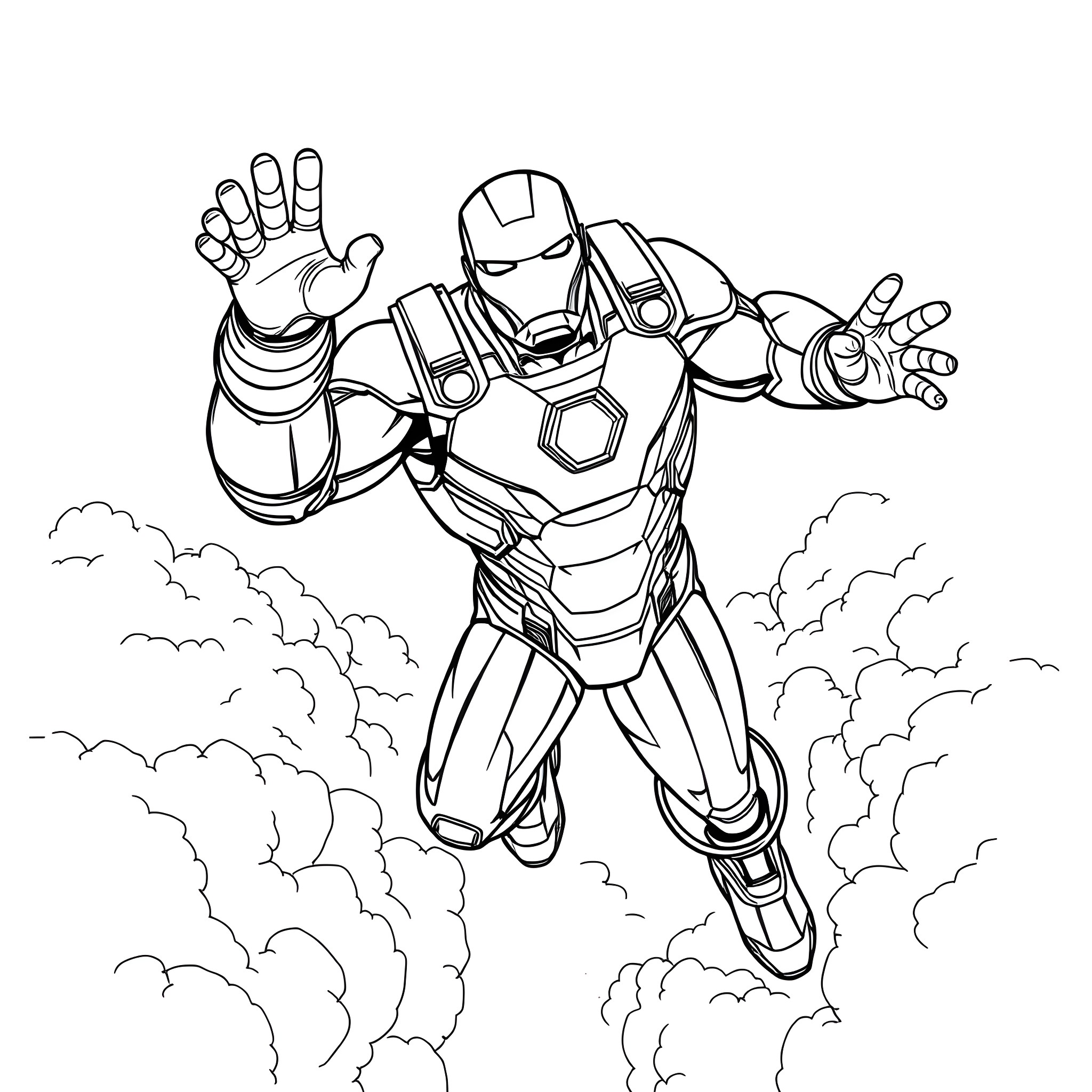 Iron Man soaring through the clouds in action pose Coloring Page (free black-and-white line drawing printable PDF for all, from beginners to advanced learners, including children, teens, adults, and seniors)