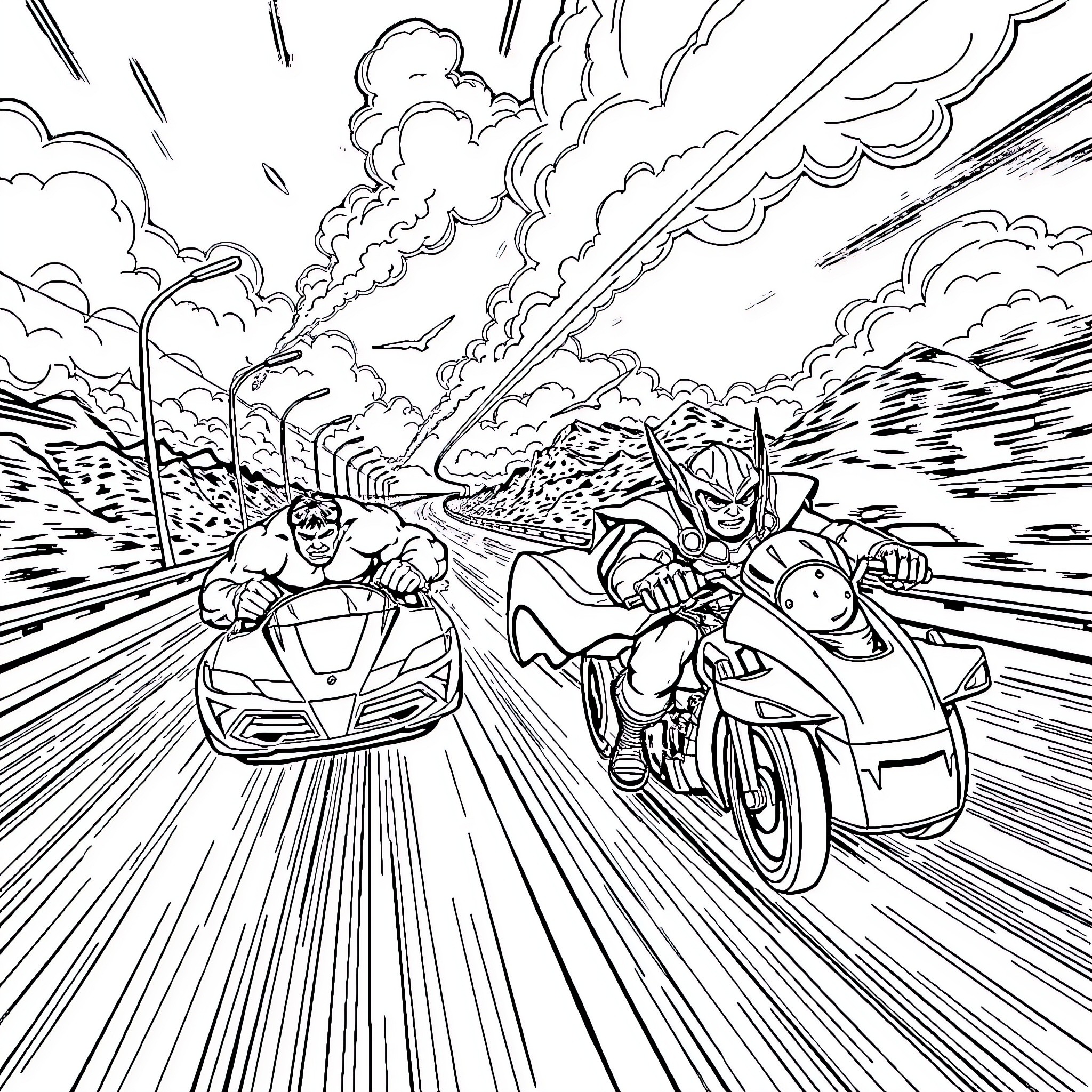 Hulk Superheroes Race Through a Chaotic Landscape Coloring Page (free black-and-white line drawing printable PDF for all, from beginners to advanced learners, including children, teens, adults, and seniors)