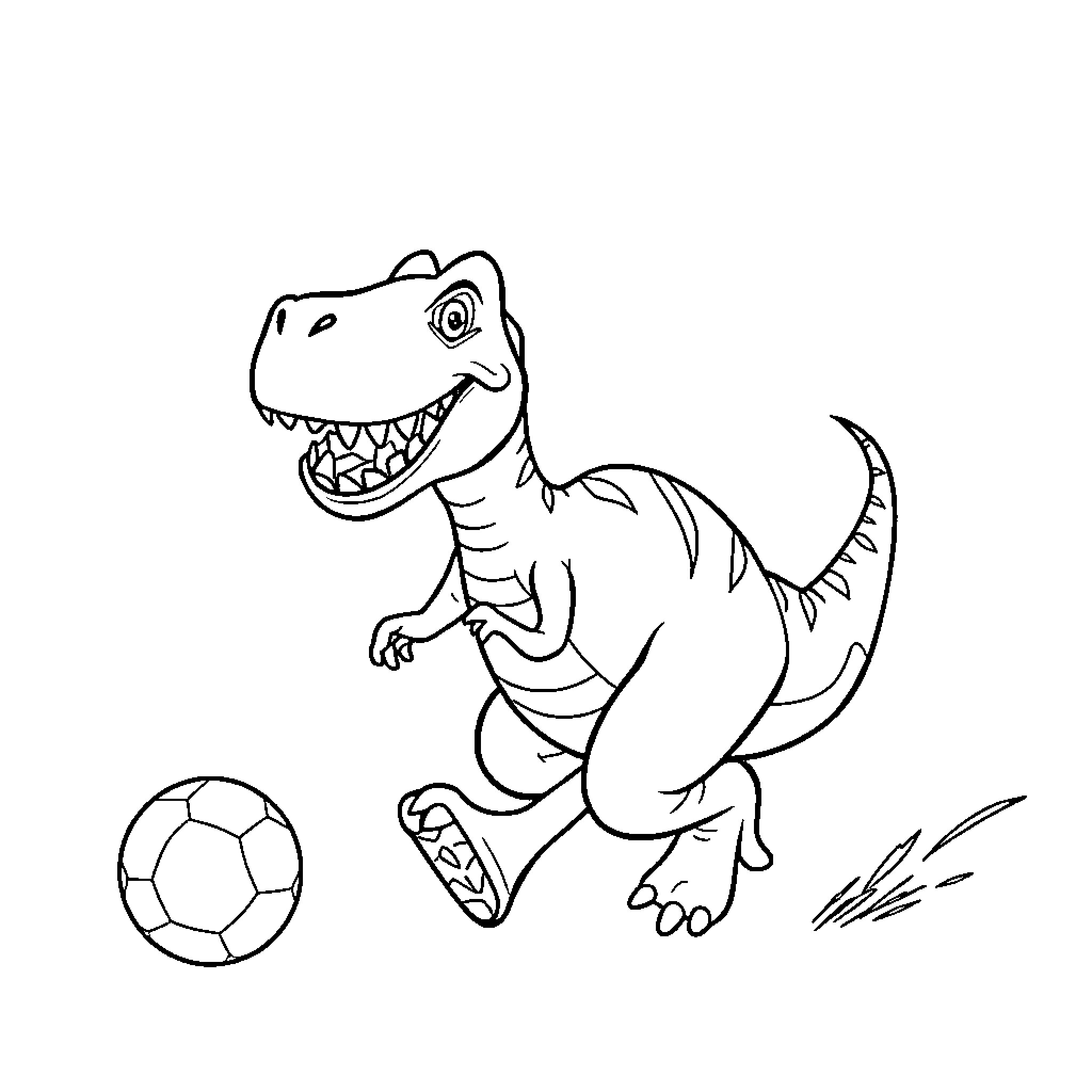 Dinosaur chasing soccer ball playfully Coloring Page (free black-and-white line drawing printable PDF for all, from beginners to advanced learners, including children, teens, adults, and seniors)