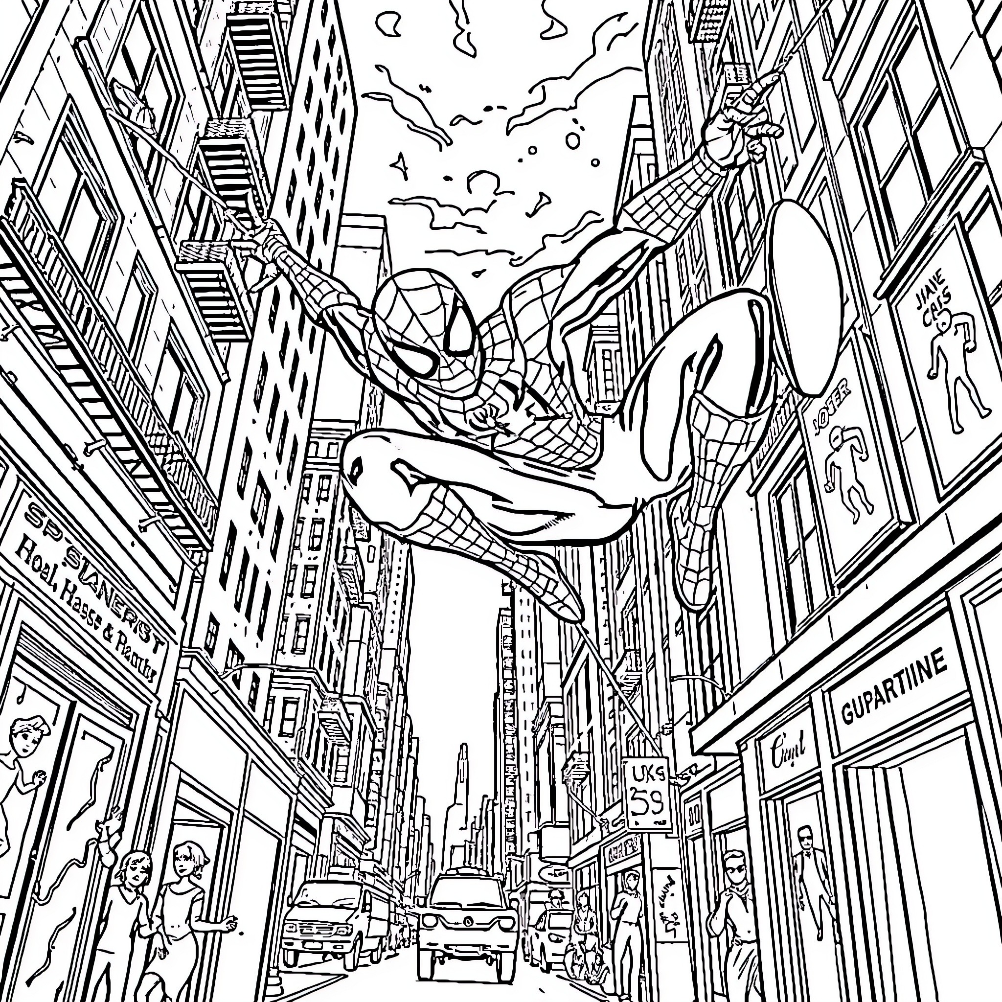 Spiderman swinging through the busy city streets Coloring Page (free black-and-white line drawing printable PDF for all, from beginners to advanced learners, including children, teens, adults, and seniors)