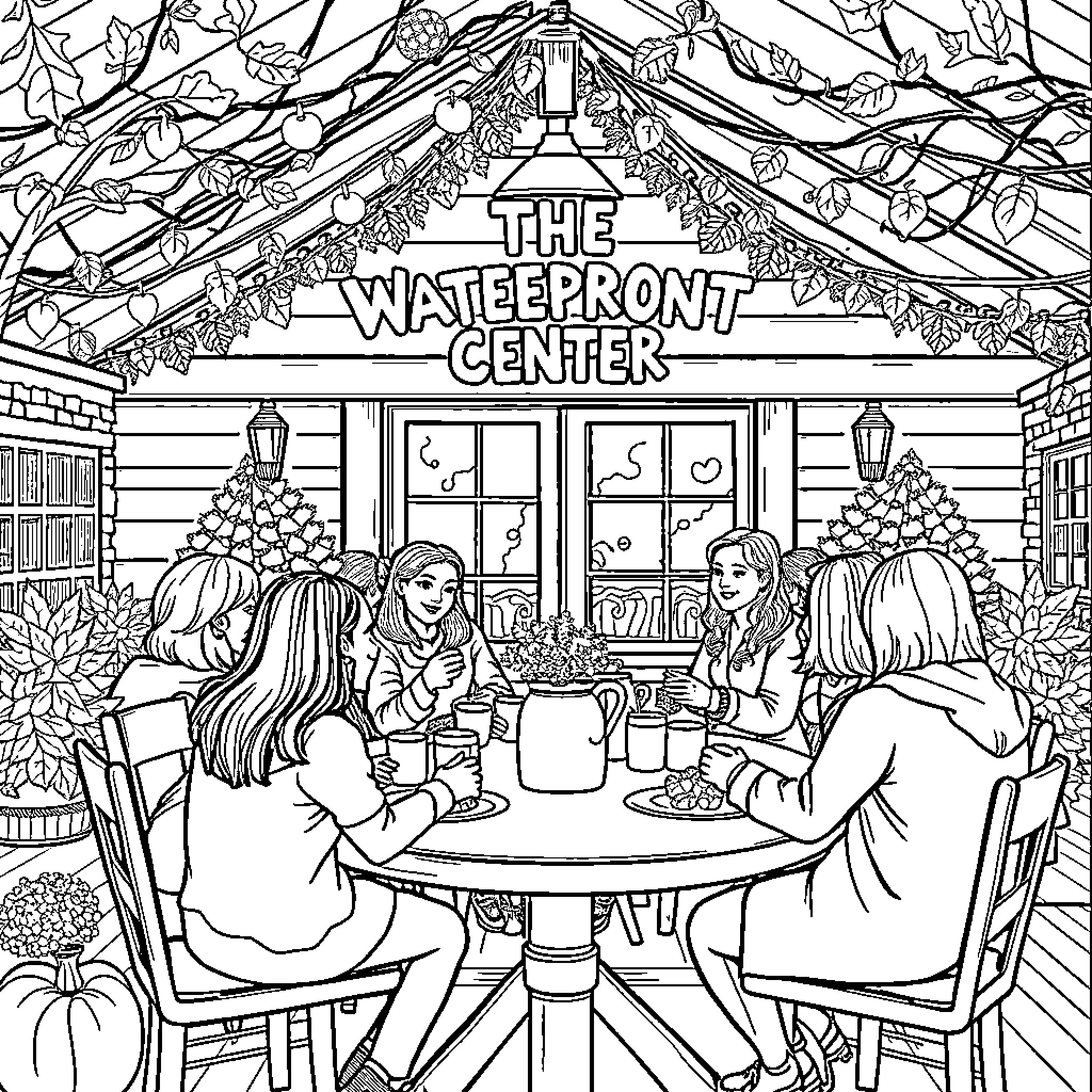 Friend enjoying time together at the Waterfront Center Coloring Page (free black-and-white line drawing printable PDF for all, from beginners to advanced learners, including children, teens, adults, and seniors)