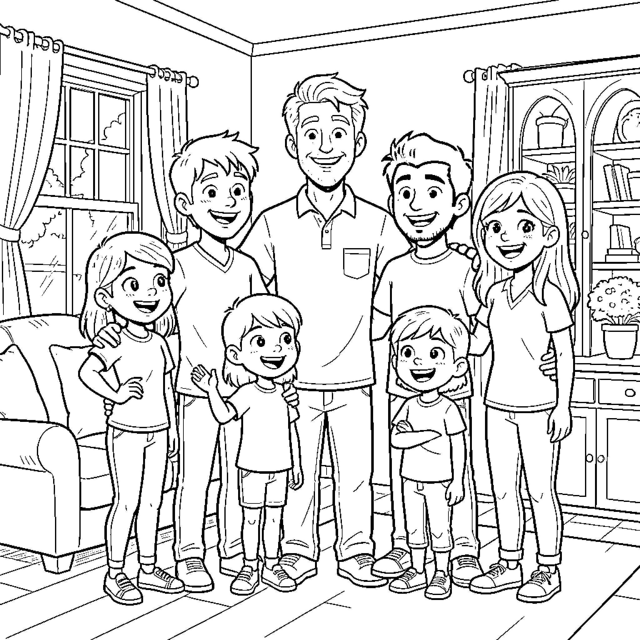Thundermans family members posing together in a living room Coloring Page (free black-and-white line drawing printable PDF for all, from beginners to advanced learners, including children, teens, adults, and seniors)