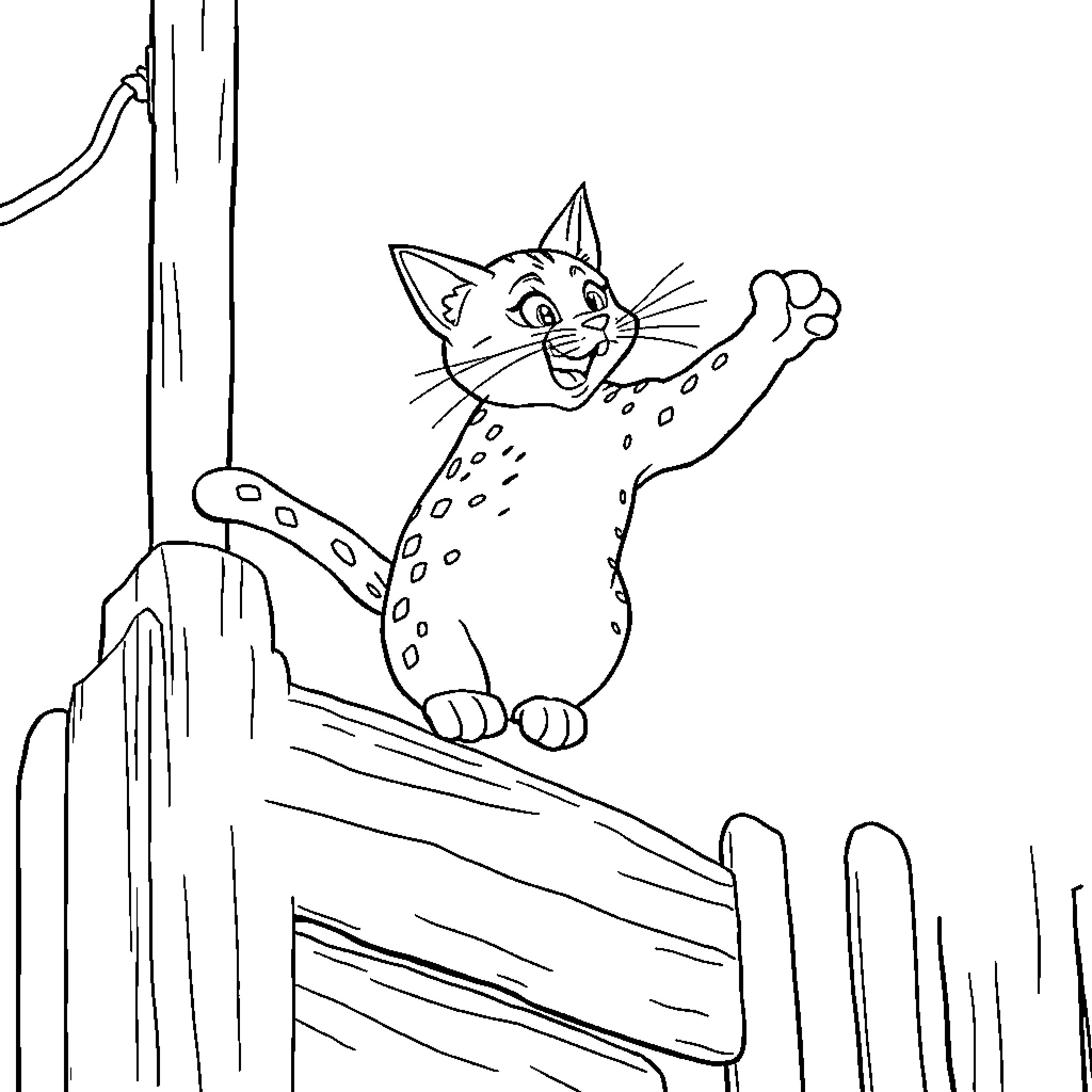 Tabby Cat Climbing Playfully Coloring Page (free black-and-white line drawing printable PDF for all, from beginners to advanced learners, including children, teens, adults, and seniors)