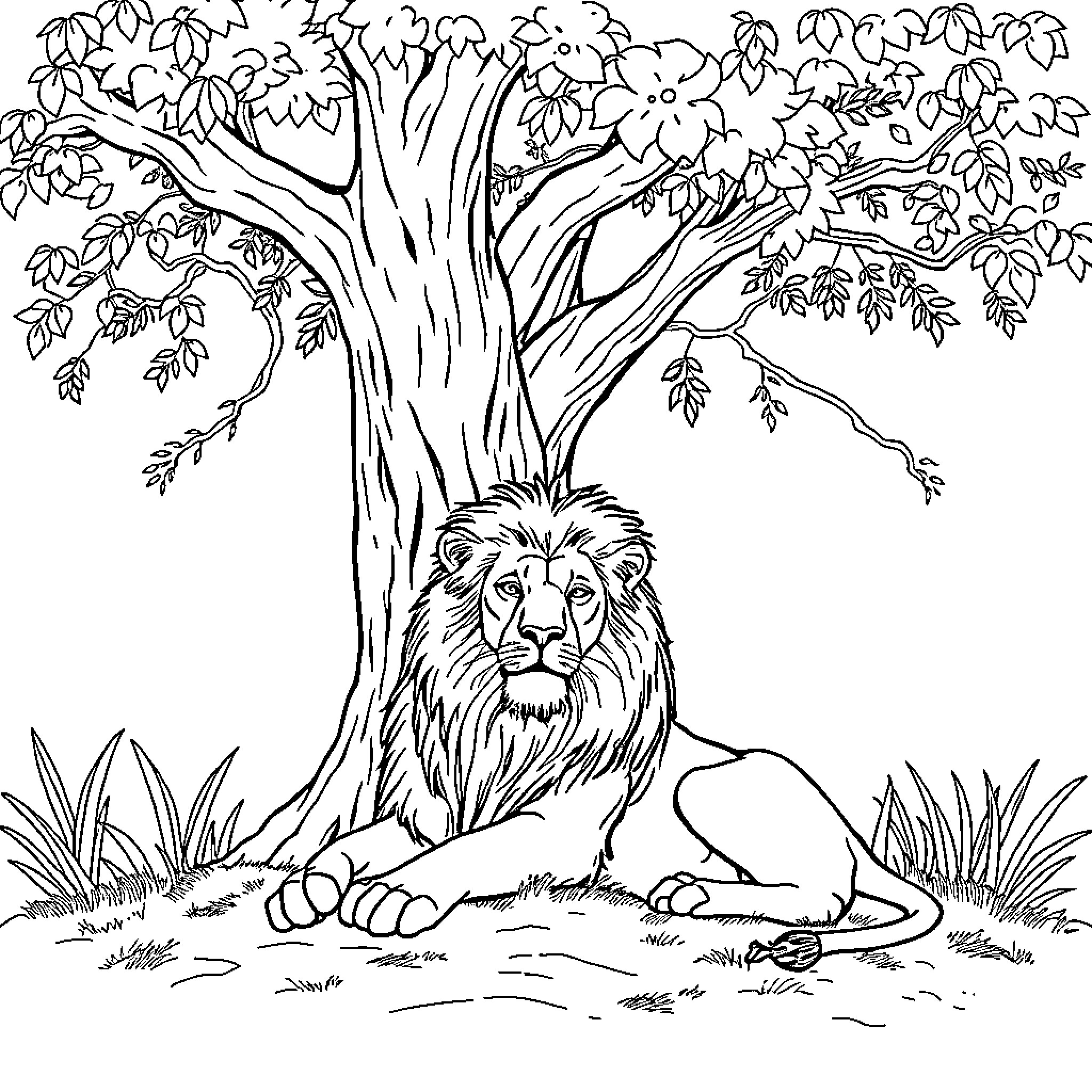 Lion resting under the tree Coloring Page (free black-and-white line drawing printable PDF for all, from beginners to advanced learners, including children, teens, adults, and seniors)