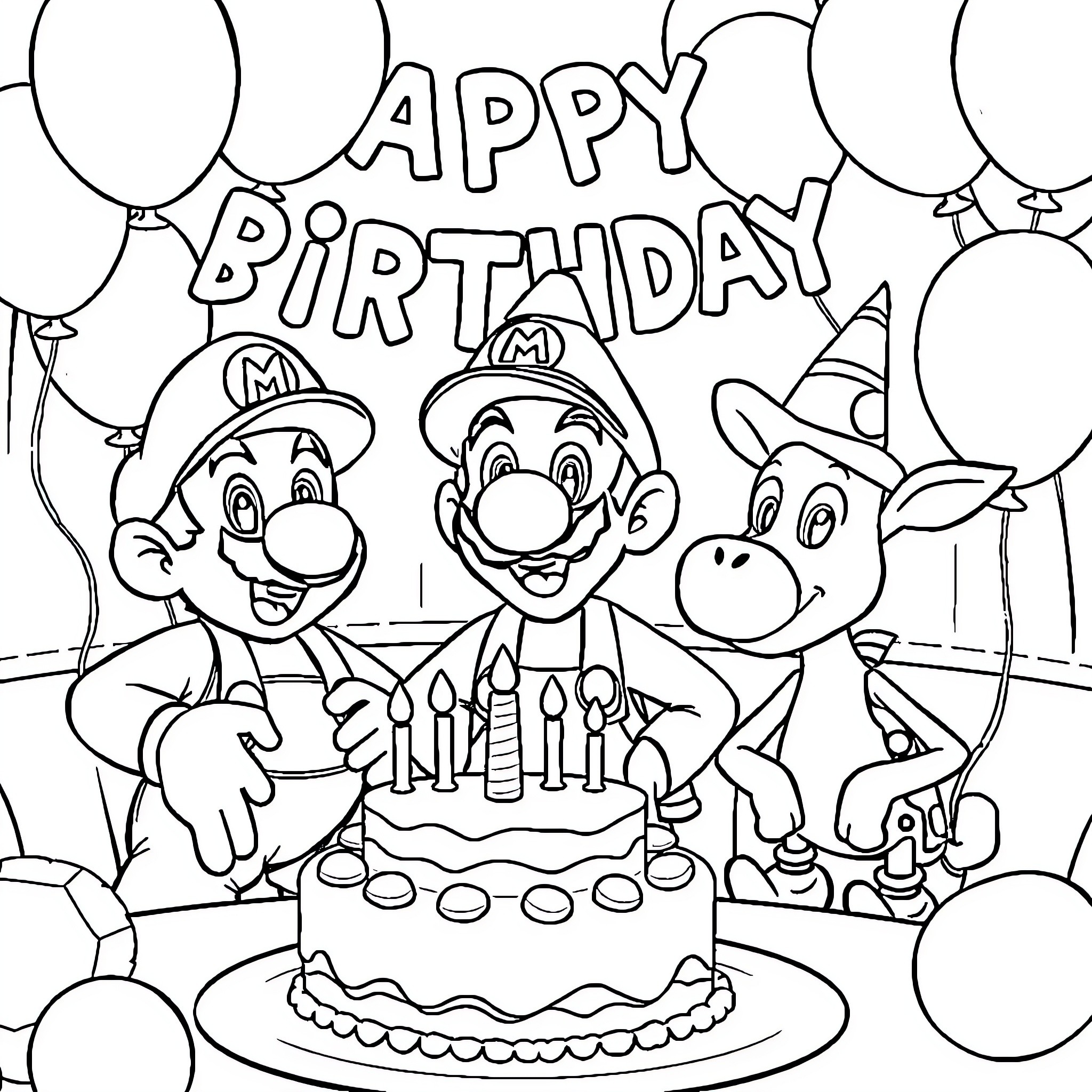 Mario's Joyful Birthday Celebration with Friends Coloring Page (free black-and-white line drawing printable PDF for all, from beginners to advanced learners, including children, teens, adults, and seniors)