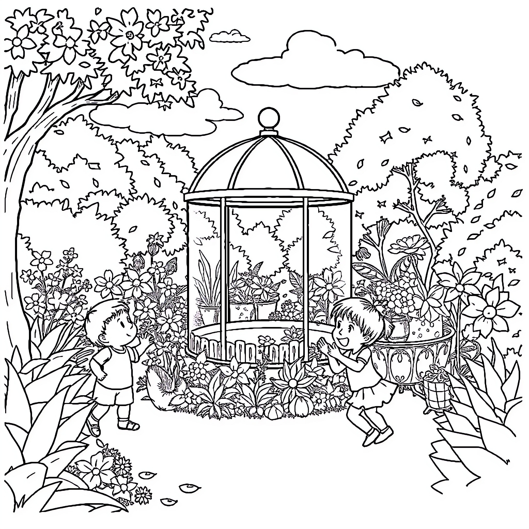 Garden with children playing in gazebo Coloring Page (free black-and-white line drawing printable PDF for all, from beginners to advanced learners, including children, teens, adults, and seniors)