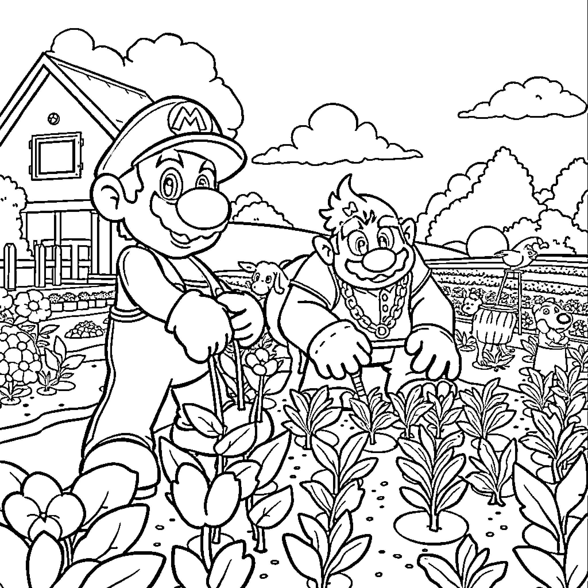 Mario and Luigi Exploring a Lush Garden Coloring Page (free black-and-white line drawing printable PDF for all, from beginners to advanced learners, including children, teens, adults, and seniors)