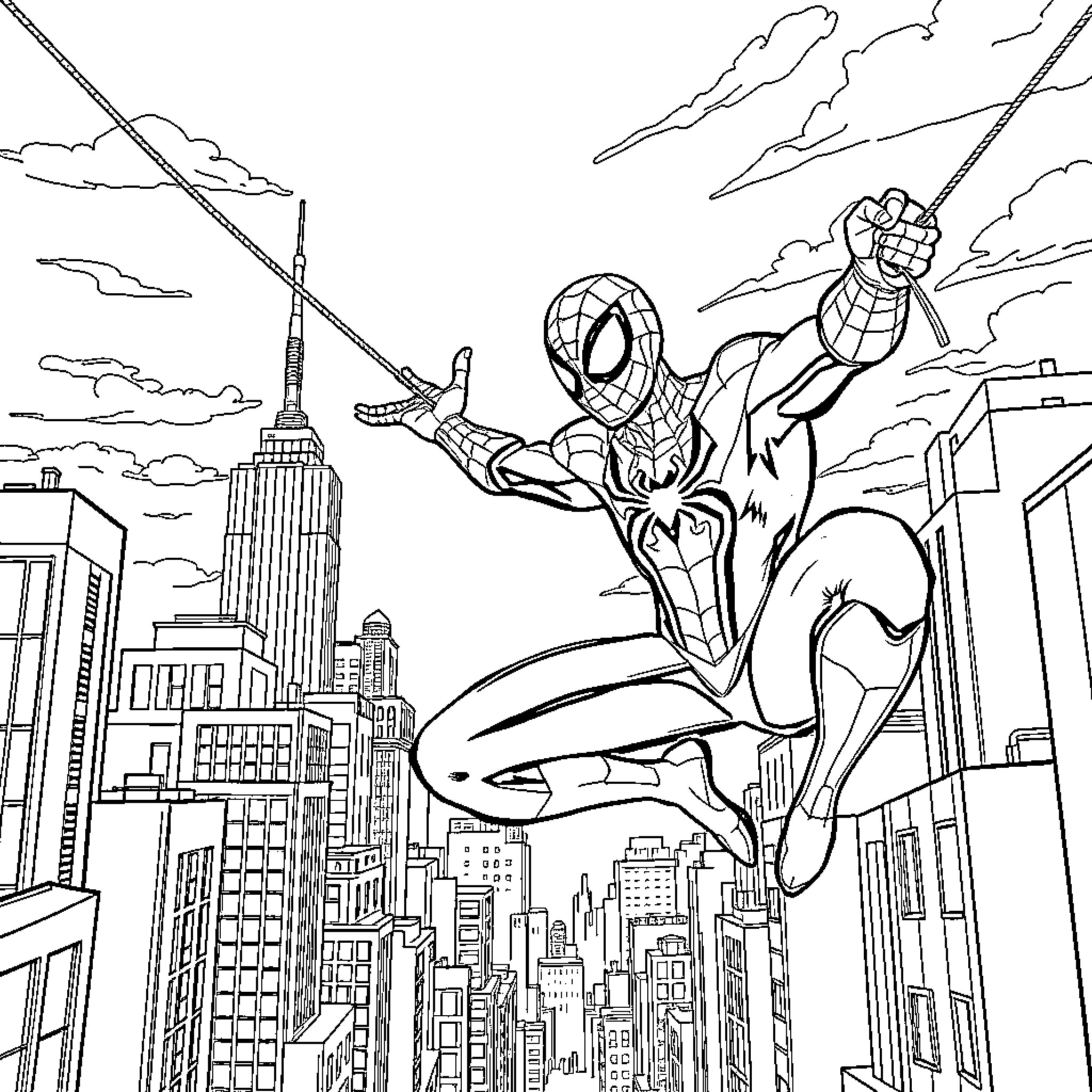 Spiderman swinging through the city skyline Coloring Page (free black-and-white line drawing printable PDF for all, from beginners to advanced learners, including children, teens, adults, and seniors)