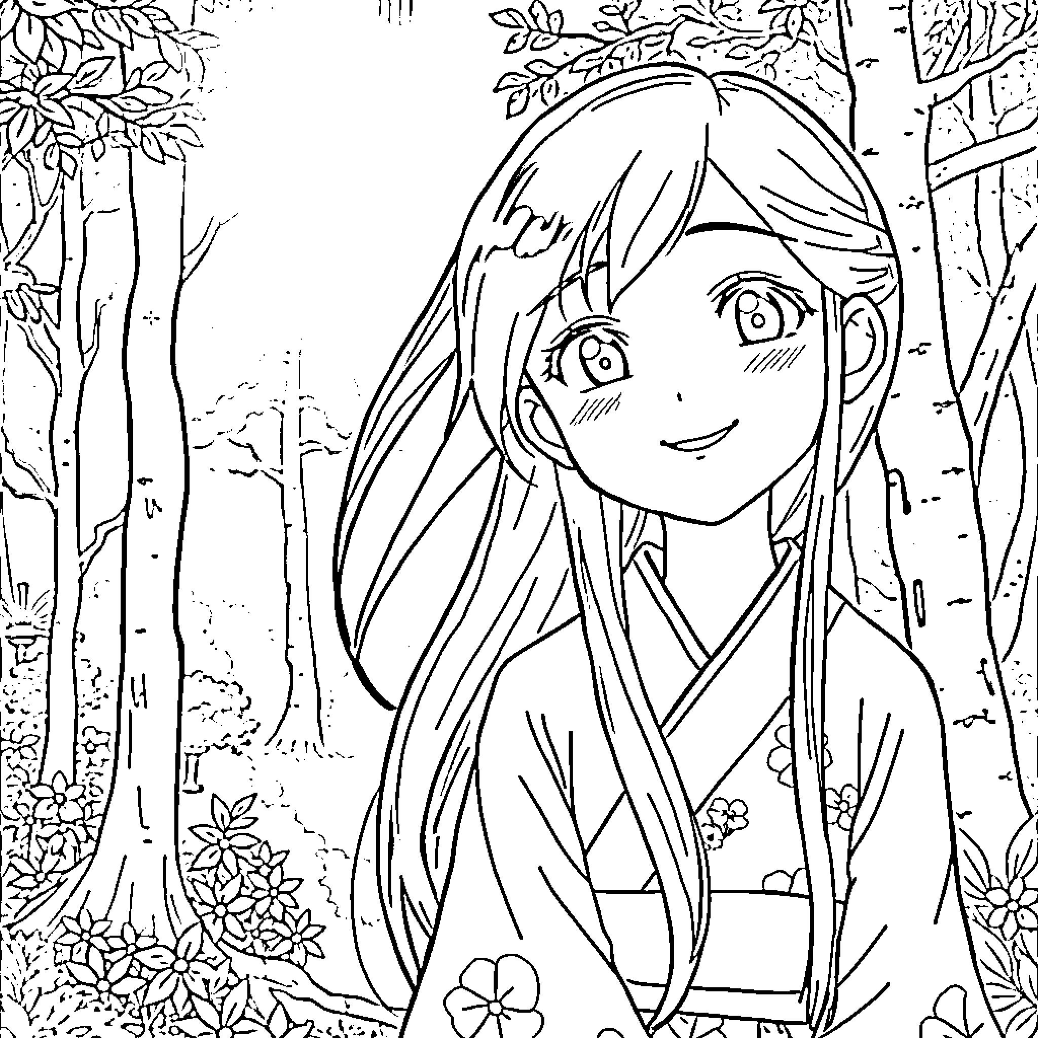 Nesuko's Whimsical Forest Adventure Coloring Page (free black-and-white line drawing printable PDF for all, from beginners to advanced learners, including children, teens, adults, and seniors)