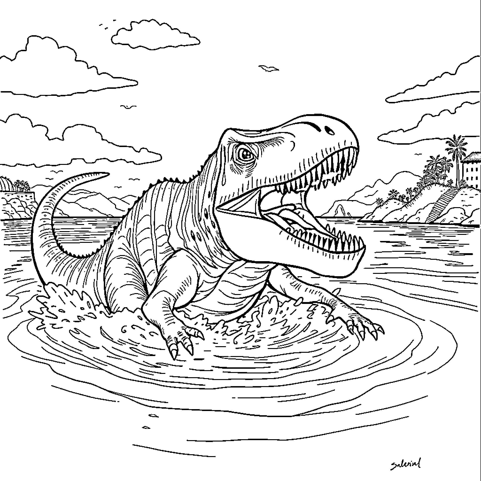 Mosasaur Emerging from Prehistoric Seas Coloring Page (free black-and-white line drawing printable PDF for all, from beginners to advanced learners, including children, teens, adults, and seniors)