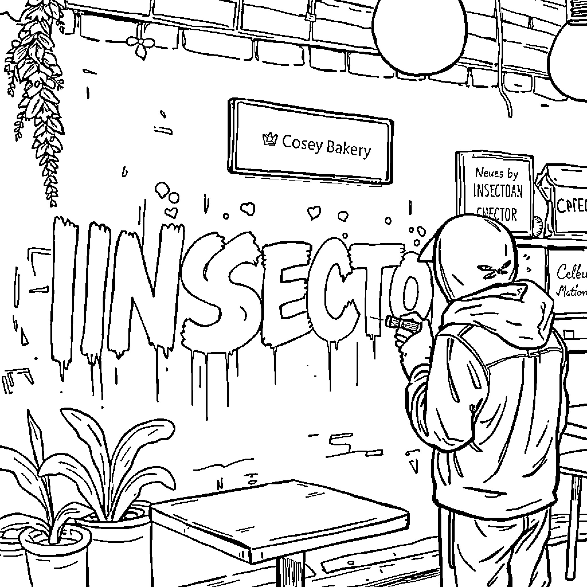 Tagger creating graffiti art on the street Coloring Page (free black-and-white line drawing printable PDF for all, from beginners to advanced learners, including children, teens, adults, and seniors)