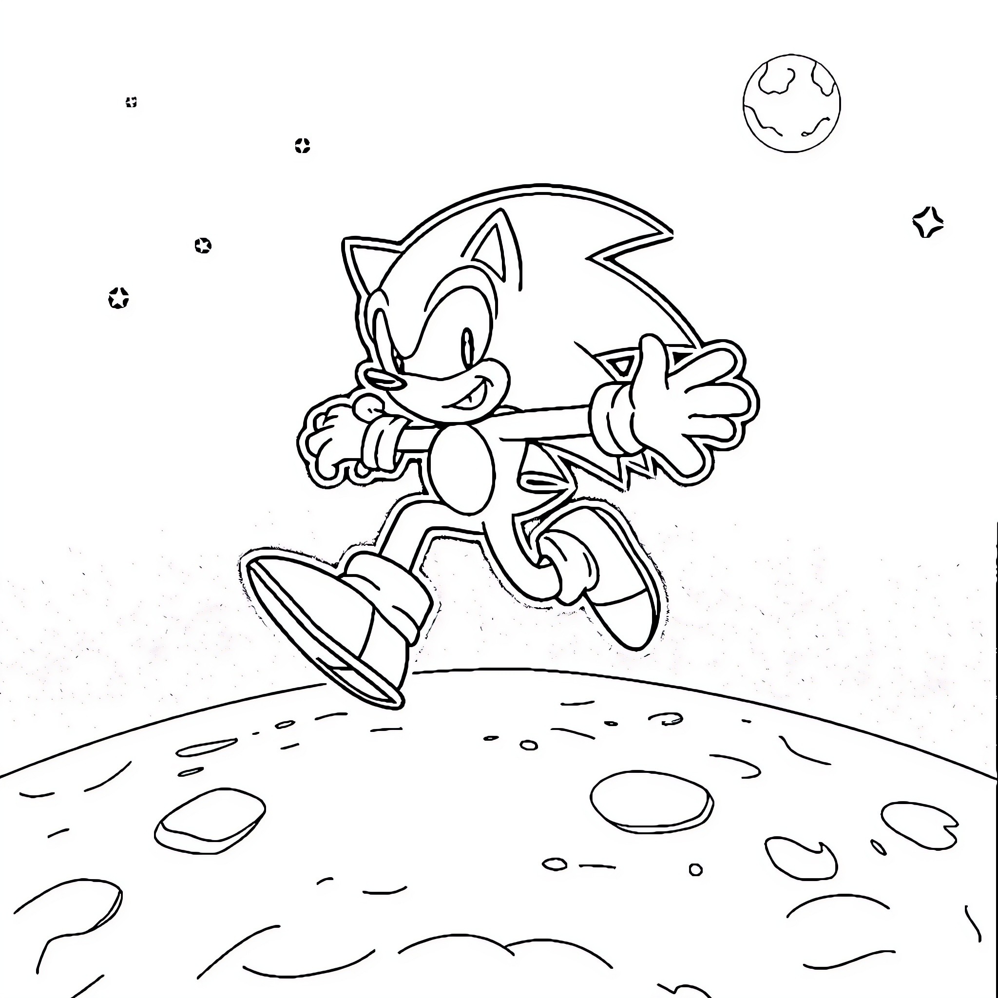 Sonic running on a celestial landscape Coloring Page (free black-and-white line drawing printable PDF for all, from beginners to advanced learners, including children, teens, adults, and seniors)