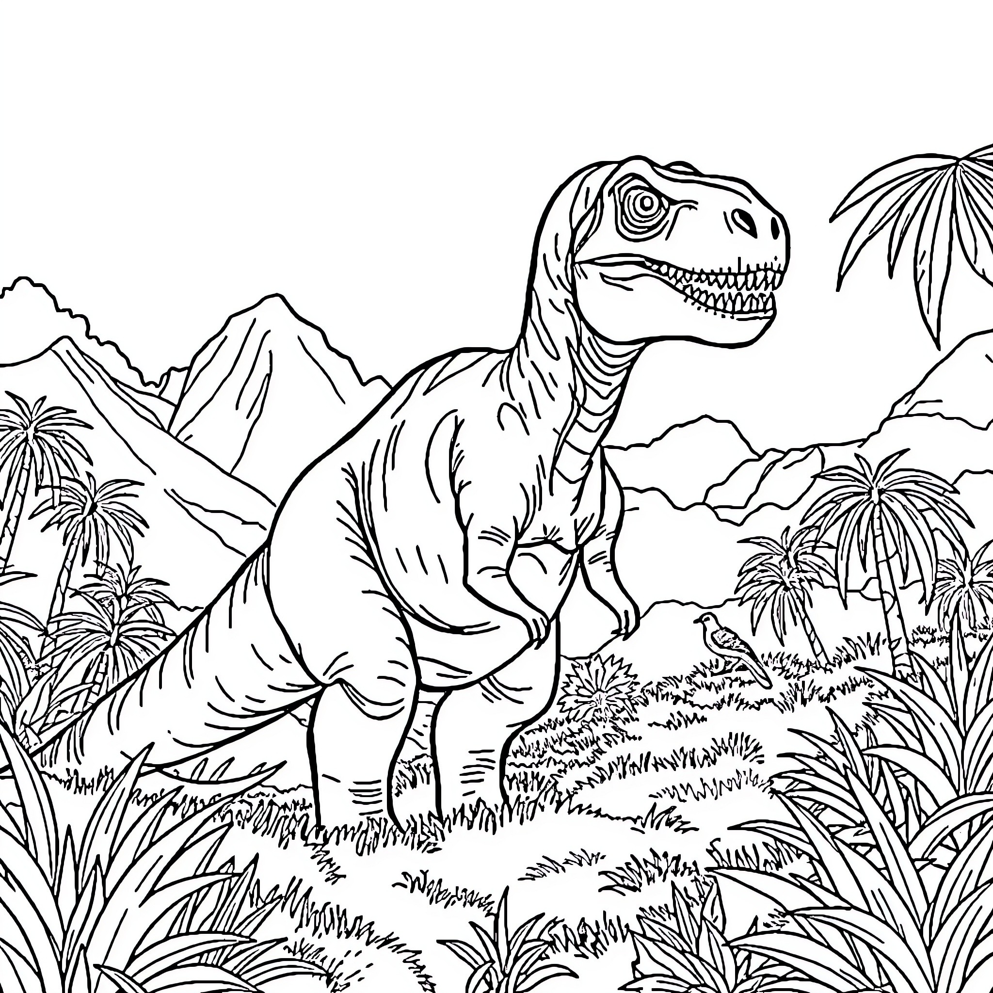 Dinosaur exploring prehistoric landscape Coloring Page (free black-and-white line drawing printable PDF for all, from beginners to advanced learners, including children, teens, adults, and seniors)
