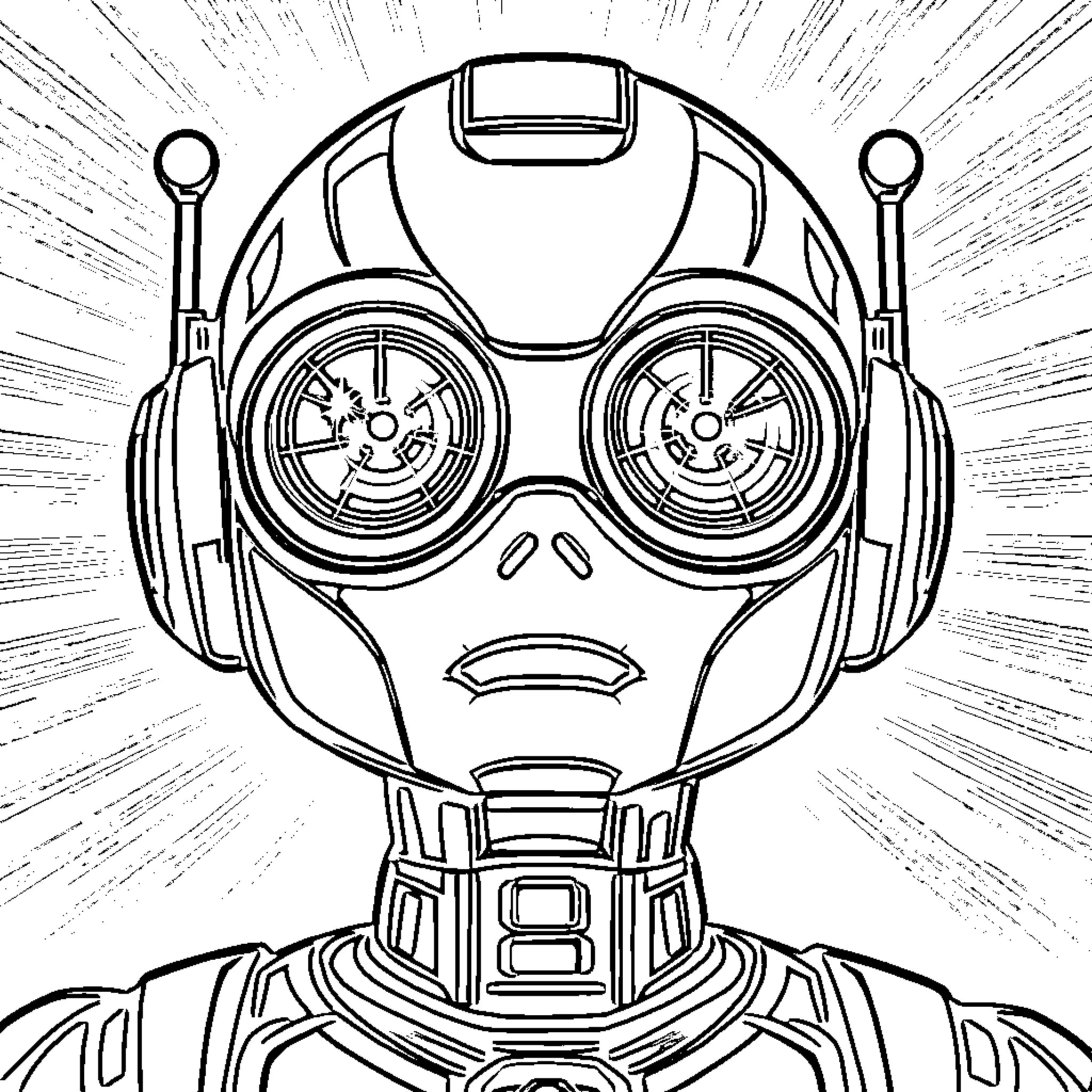 Robot with futuristic headgear and intriguing expression Coloring Page (free black-and-white line drawing printable PDF for all, from beginners to advanced learners, including children, teens, adults, and seniors)