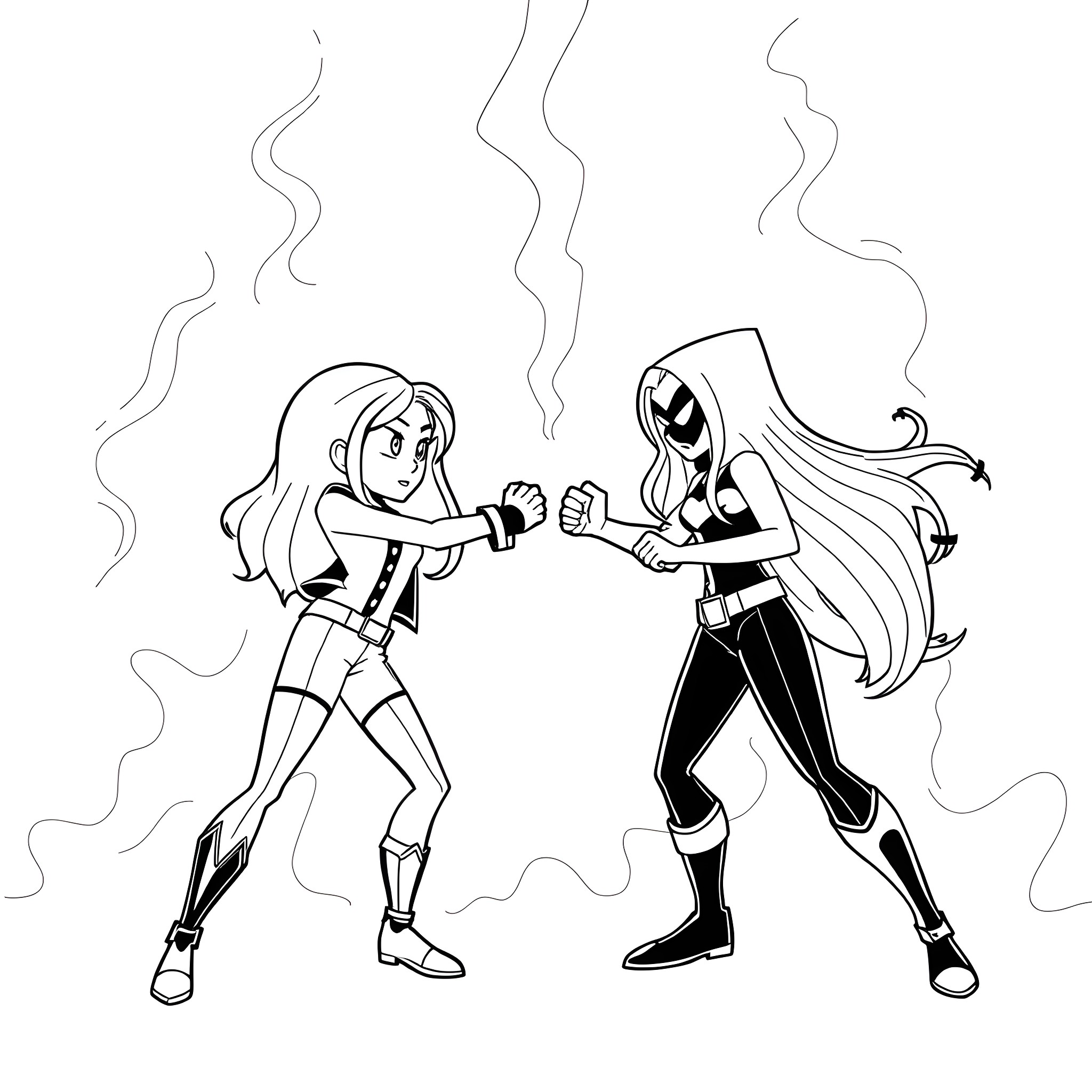 Kim Possible in action with powerful villain Coloring Page (free black-and-white line drawing printable PDF for all, from beginners to advanced learners, including children, teens, adults, and seniors)