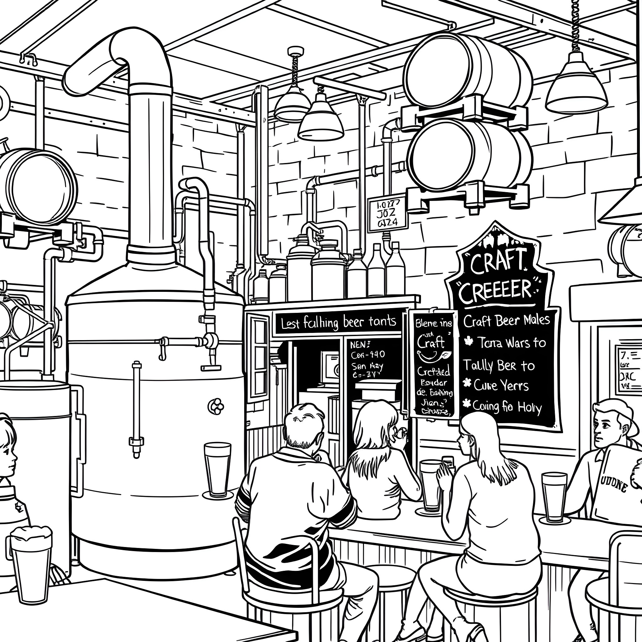 Beer Lovers Gather at the Craft Brewery Coloring Page (free black-and-white line drawing printable PDF for all, from beginners to advanced learners, including children, teens, adults, and seniors)