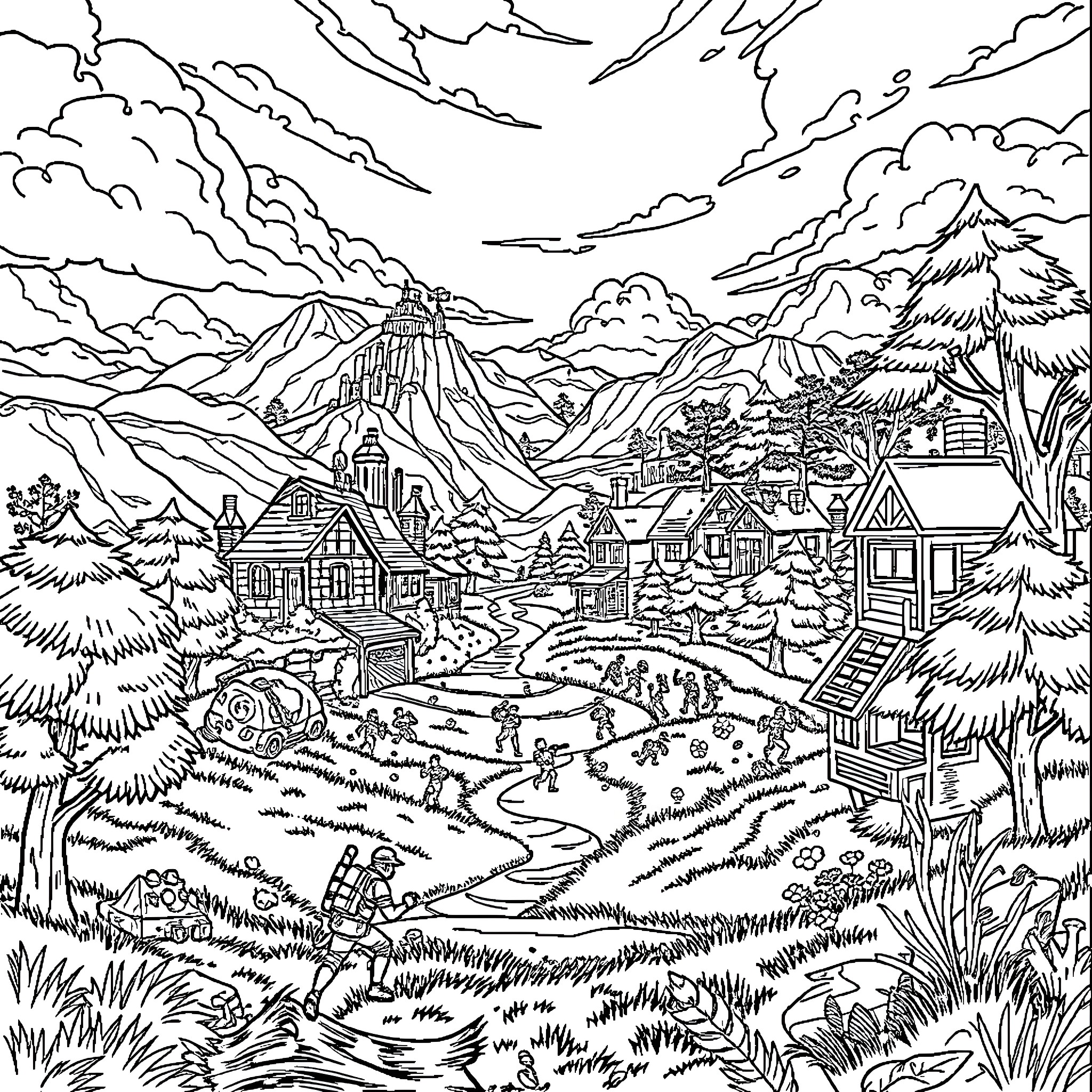Fortnite Winterfest Mountain Town Landscape Coloring Page (free black-and-white line drawing printable PDF for all, from beginners to advanced learners, including children, teens, adults, and seniors)