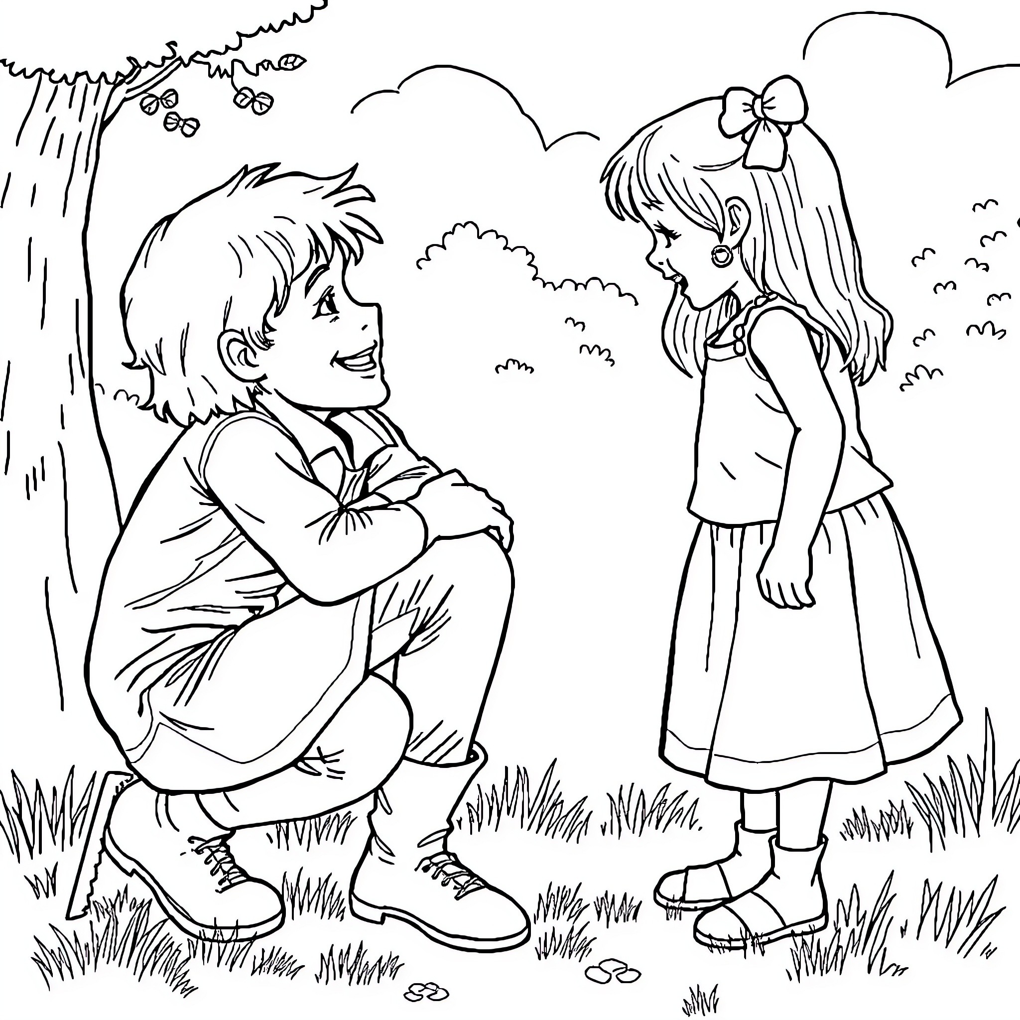 Huntrix's Playful Encounter in the Meadow Coloring Page (free black-and-white line drawing printable PDF for all, from beginners to advanced learners, including children, teens, adults, and seniors)