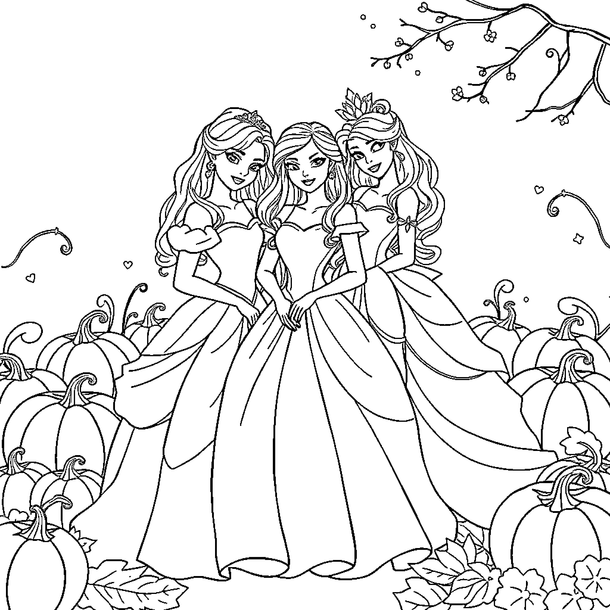 Princess Sisters Strolling in Enchanted Garden Coloring Page (free black-and-white line drawing printable PDF for all, from beginners to advanced learners, including children, teens, adults, and seniors)