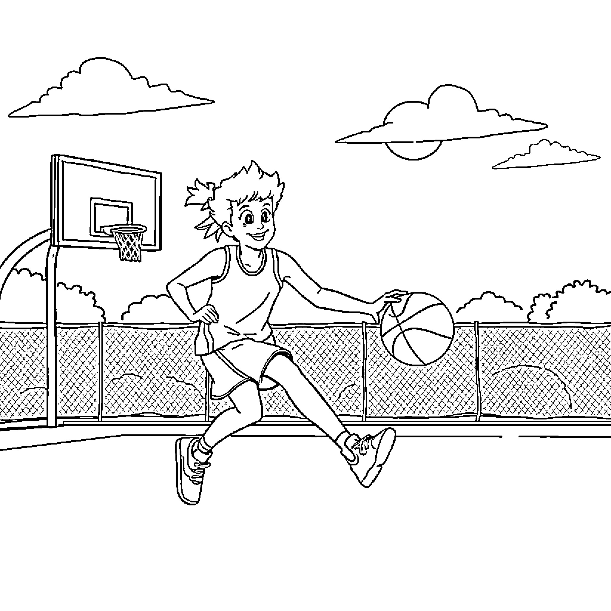 Skye playing basketball on the court Coloring Page (free black-and-white line drawing printable PDF for all, from beginners to advanced learners, including children, teens, adults, and seniors)