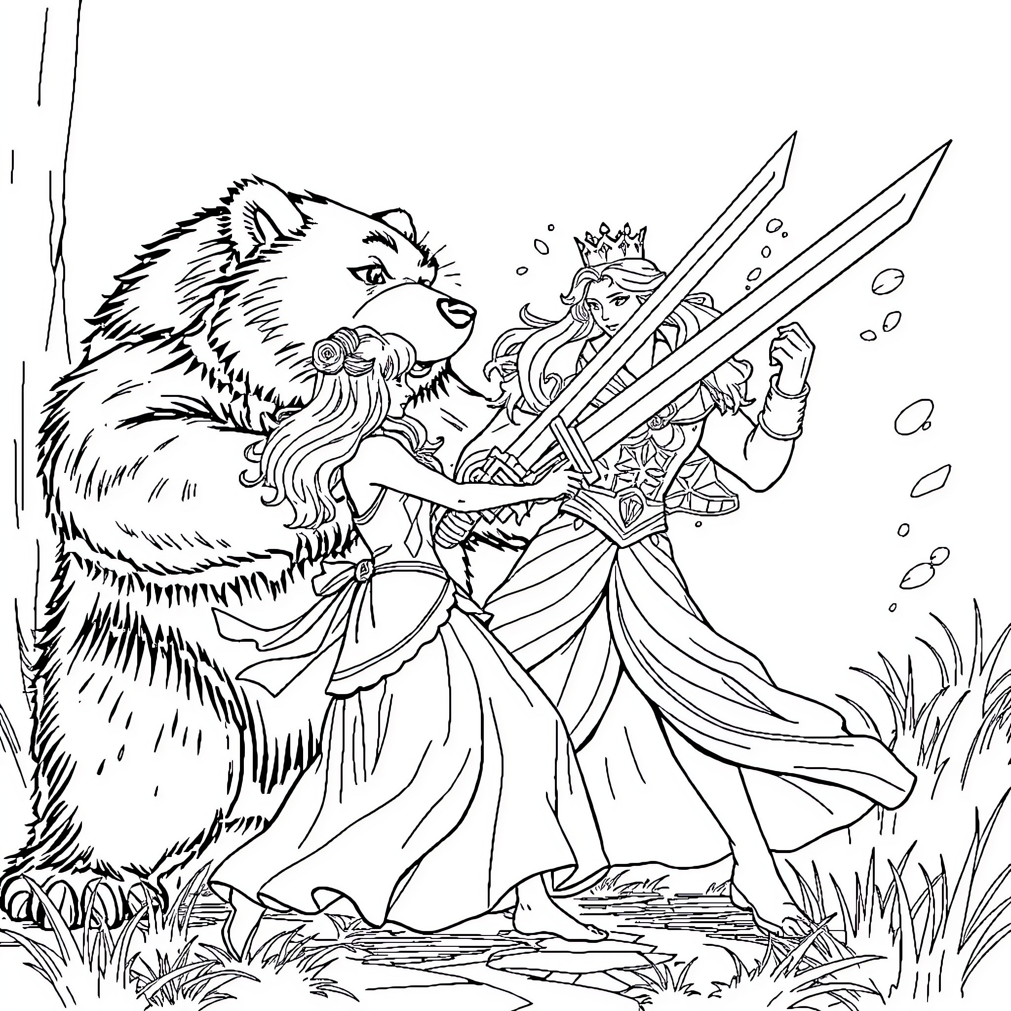 Princess Battles Fearsome Beast in Enchanted Forest Coloring Page (free black-and-white line drawing printable PDF for all, from beginners to advanced learners, including children, teens, adults, and seniors)