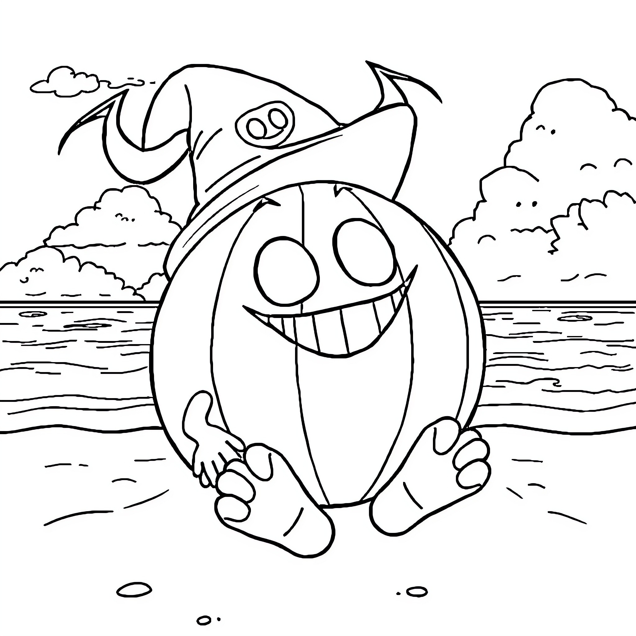 Ball-shaped character surfing happily on the beach Coloring Page (free black-and-white line drawing printable PDF for all, from beginners to advanced learners, including children, teens, adults, and seniors)