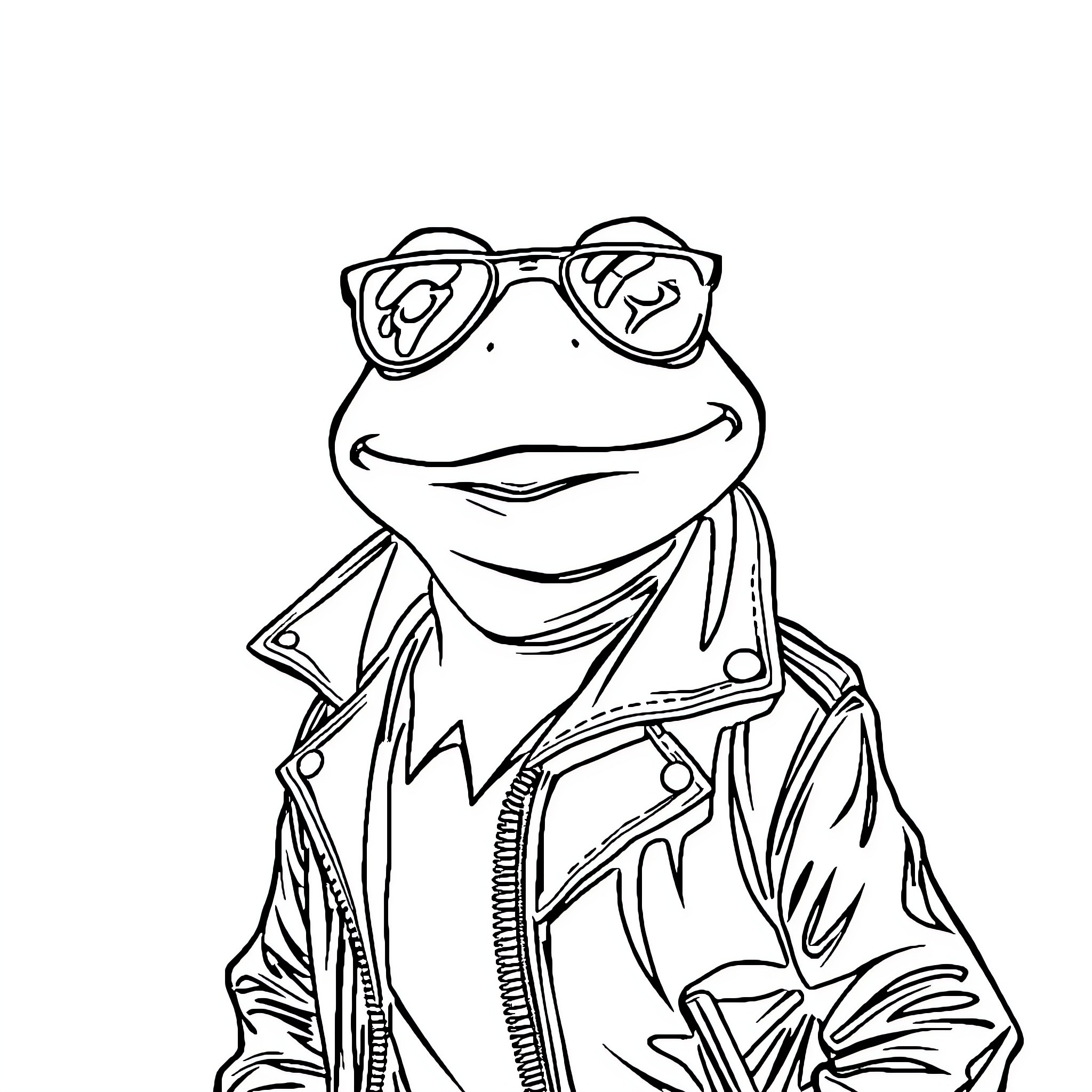 Kermit the Frog in a cool outfit with sunglasses Coloring Page (free black-and-white line drawing printable PDF for all, from beginners to advanced learners, including children, teens, adults, and seniors)