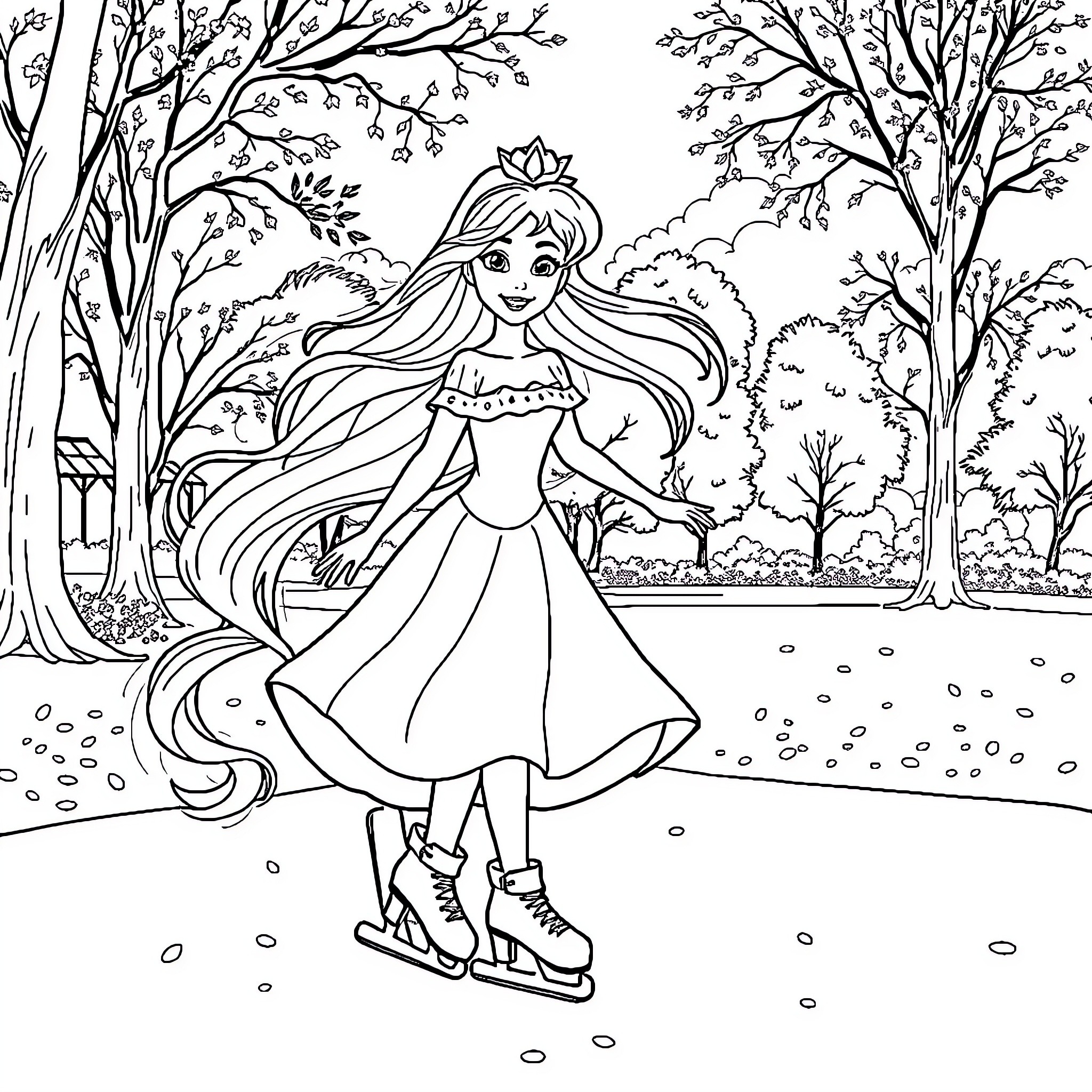 Princess ice skating in the enchanted forest Coloring Page (free black-and-white line drawing printable PDF for all, from beginners to advanced learners, including children, teens, adults, and seniors)