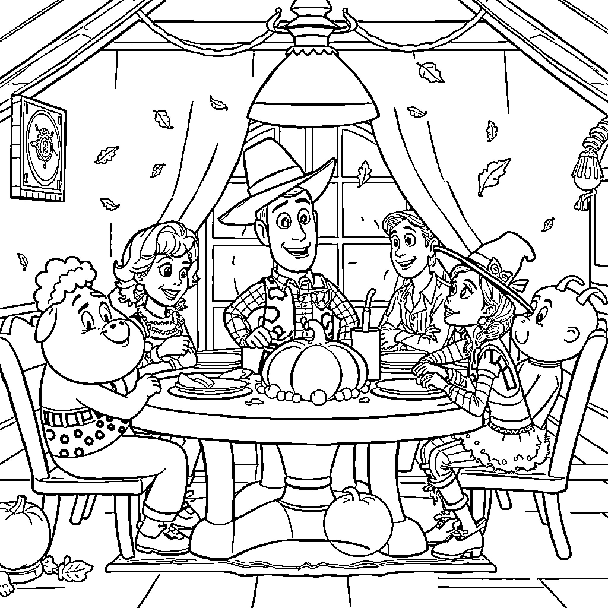 Toy Story Characters Enjoying Thanksgiving Meal Together Coloring Page (free black-and-white line drawing printable PDF for all, from beginners to advanced learners, including children, teens, adults, and seniors)