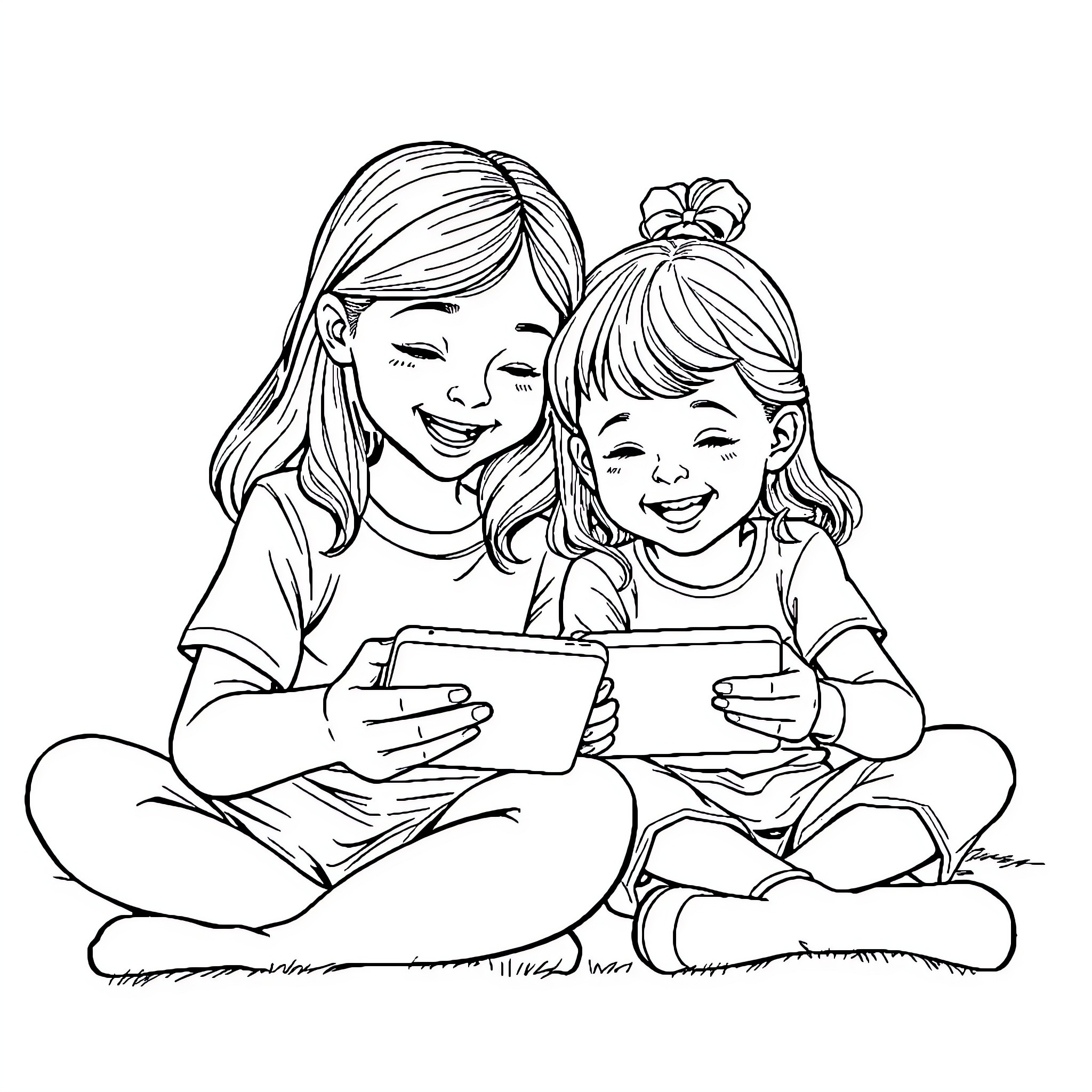 Girl Sharing Tablet with Younger Sister Coloring Page (free black-and-white line drawing printable PDF for all, from beginners to advanced learners, including children, teens, adults, and seniors)