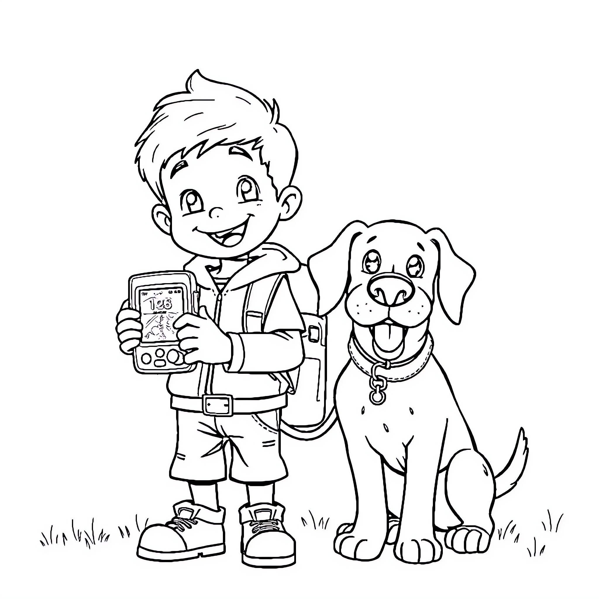 Kid playing with pet dog and handheld device Coloring Page (free black-and-white line drawing printable PDF for all, from beginners to advanced learners, including children, teens, adults, and seniors)
