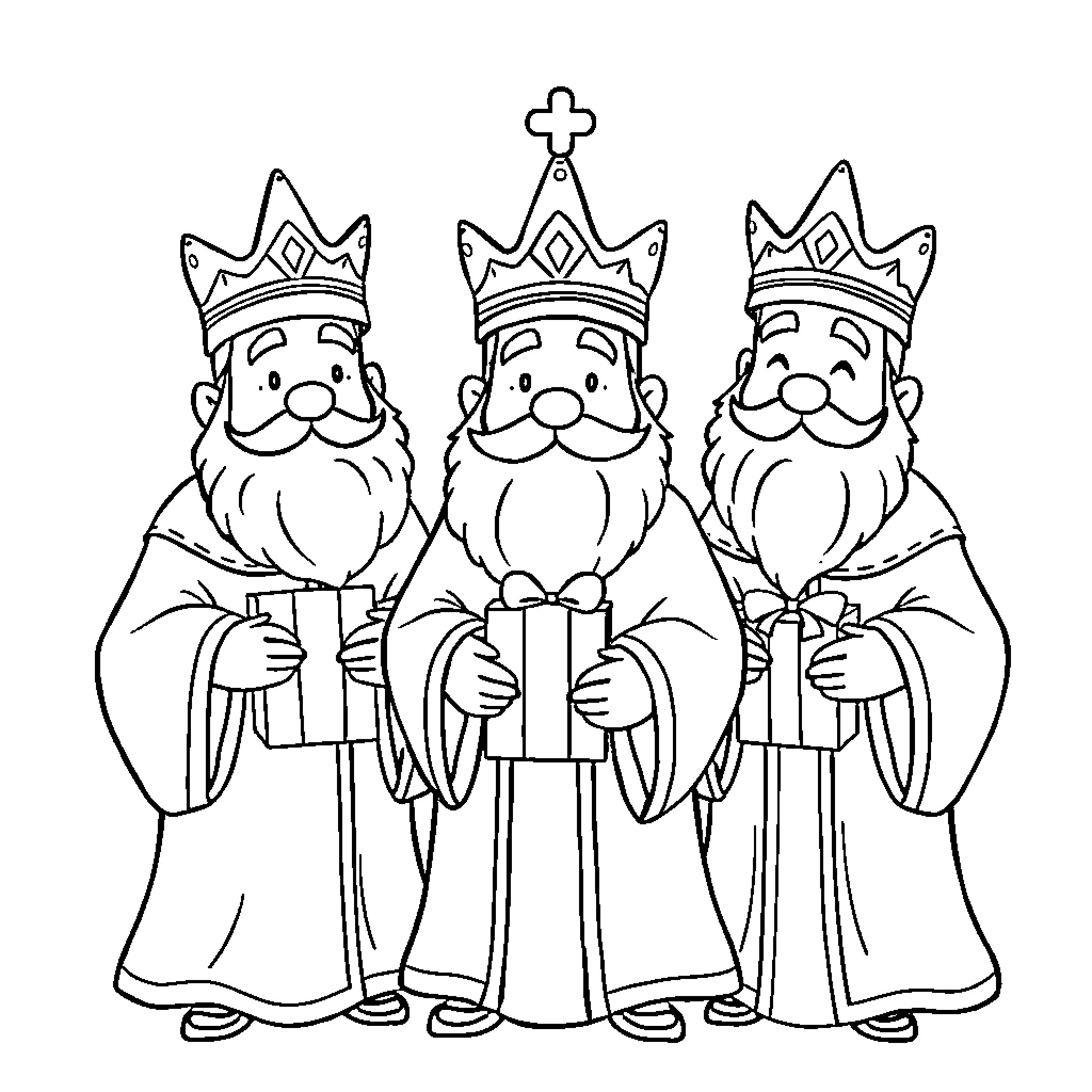 Wise Kings Holding Gifts in Ornate Robes Coloring Page (free black-and-white line drawing printable PDF for all, from beginners to advanced learners, including children, teens, adults, and seniors)