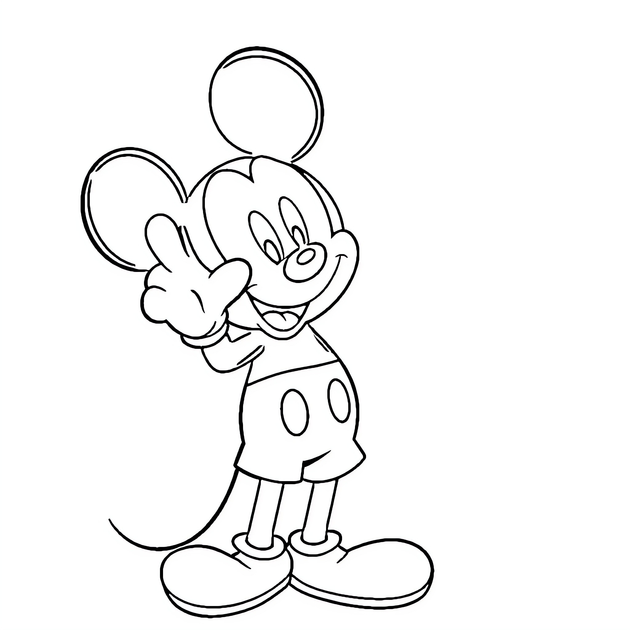 Mickey Mouse smiling and waving Coloring Page (free black-and-white line drawing printable PDF for all, from beginners to advanced learners, including children, teens, adults, and seniors)