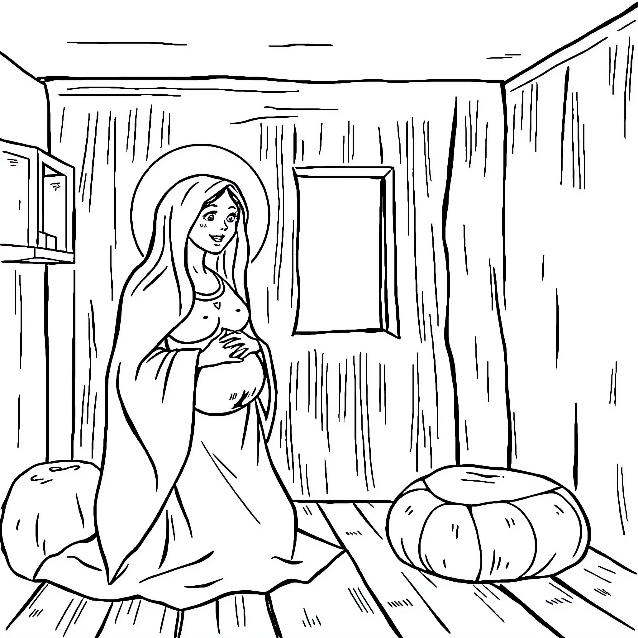 Mary awaits the arrival in a humble home Coloring Page (free black-and-white line drawing printable PDF for all, from beginners to advanced learners, including children, teens, adults, and seniors)