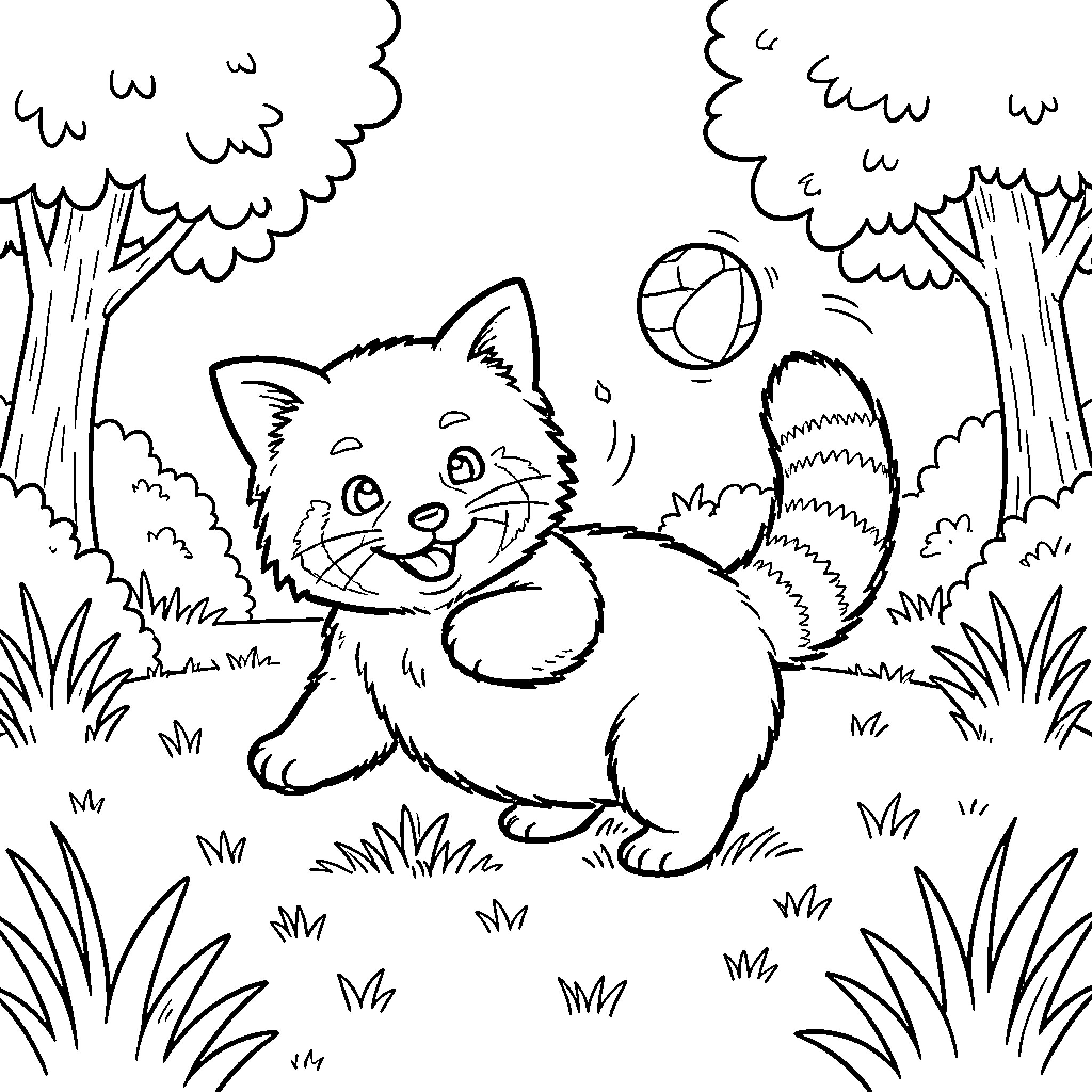Red Panda kitten playing with a ball in nature Coloring Page (free black-and-white line drawing printable PDF for all, from beginners to advanced learners, including children, teens, adults, and seniors)