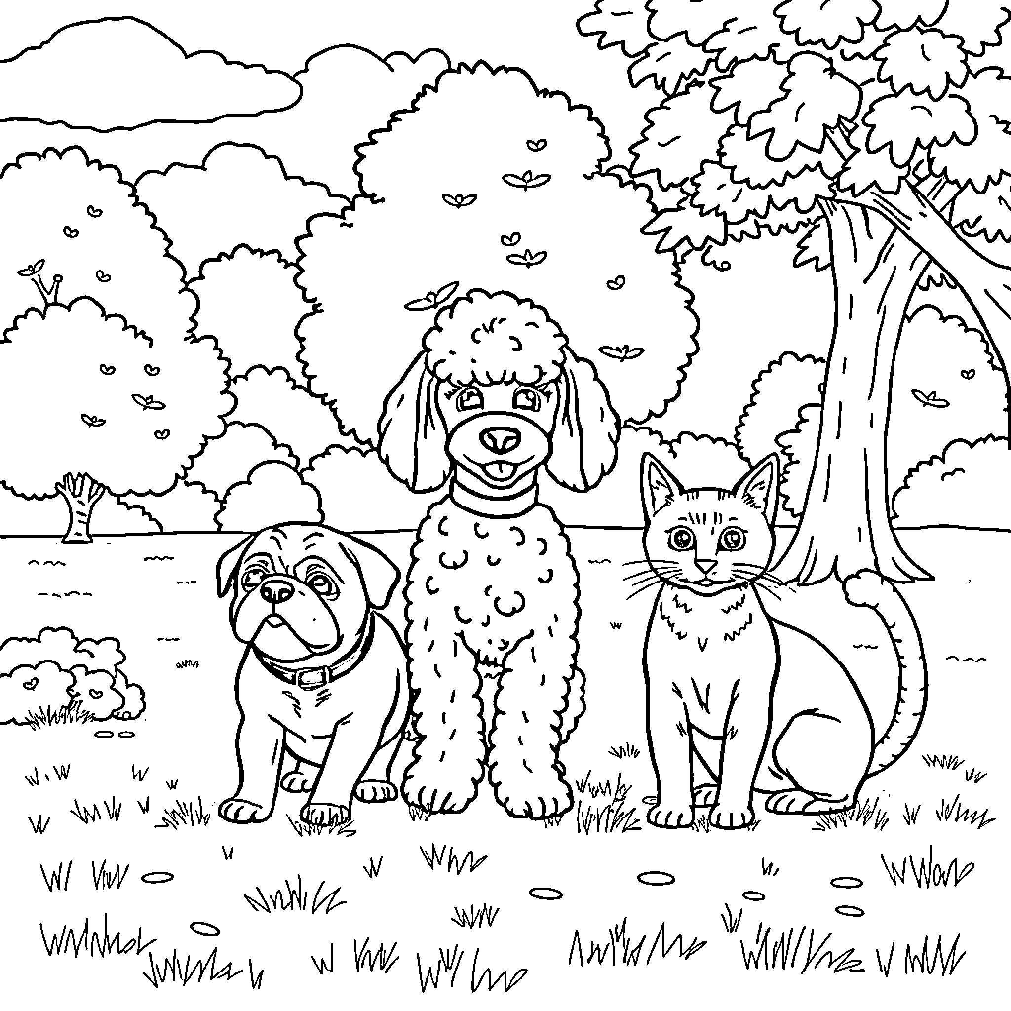 Pug and Cat Exploring the Outdoors Coloring Page (free black-and-white line drawing printable PDF for all, from beginners to advanced learners, including children, teens, adults, and seniors)