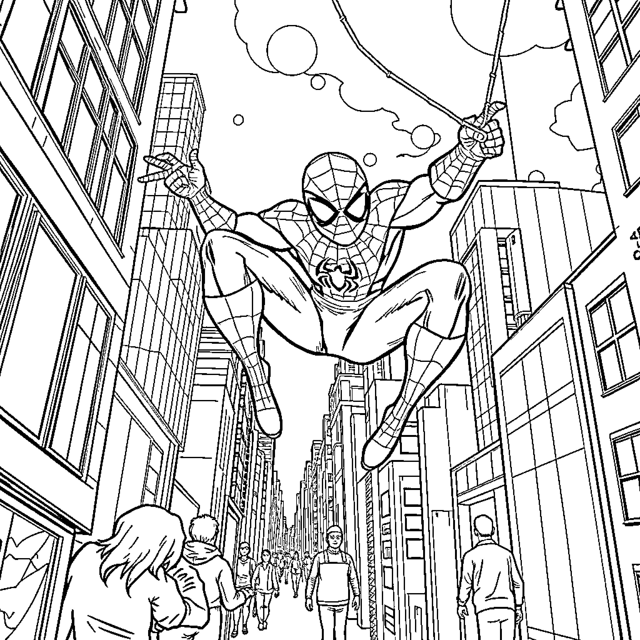 Spiderman swinging through the city on web Coloring Page (free black-and-white line drawing printable PDF for all, from beginners to advanced learners, including children, teens, adults, and seniors)