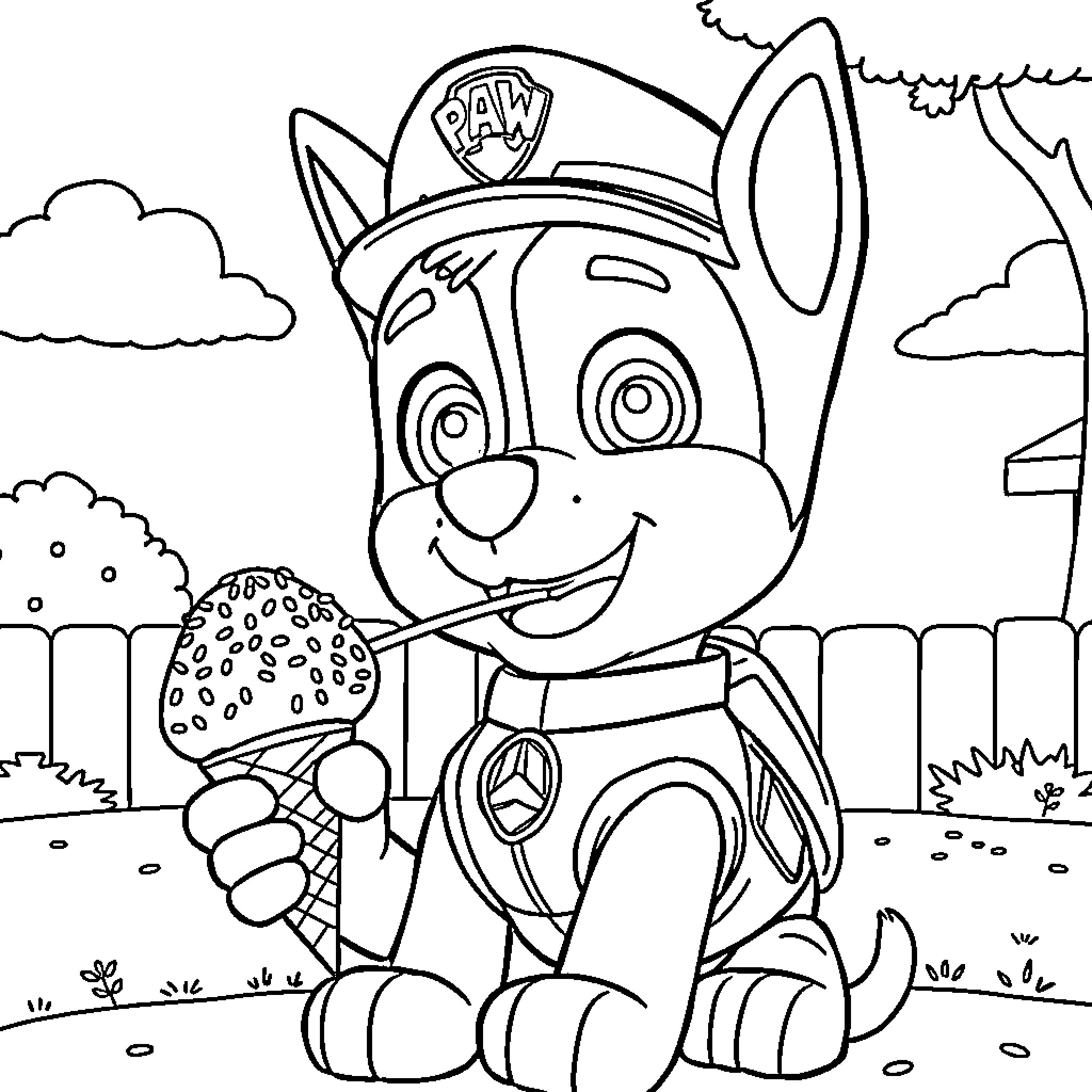 Chase the Pup's Playful Adventure Coloring Page (free black-and-white line drawing printable PDF for all, from beginners to advanced learners, including children, teens, adults, and seniors)
