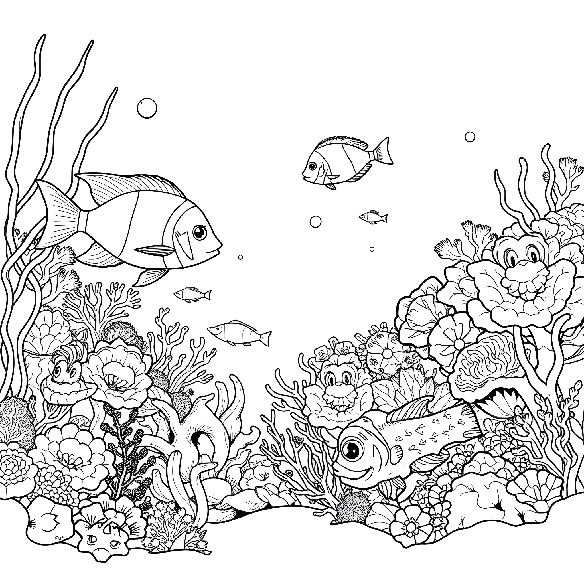Fish swimming among vibrant underwater flora Coloring Page (free black-and-white line drawing printable PDF for all, from beginners to advanced learners, including children, teens, adults, and seniors)