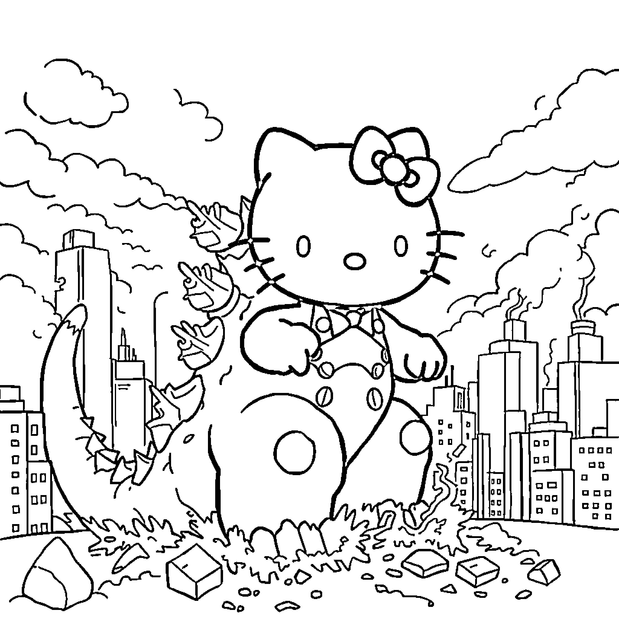 Hello Kitty explores the urban landscape Coloring Page (free black-and-white line drawing printable PDF for all, from beginners to advanced learners, including children, teens, adults, and seniors)