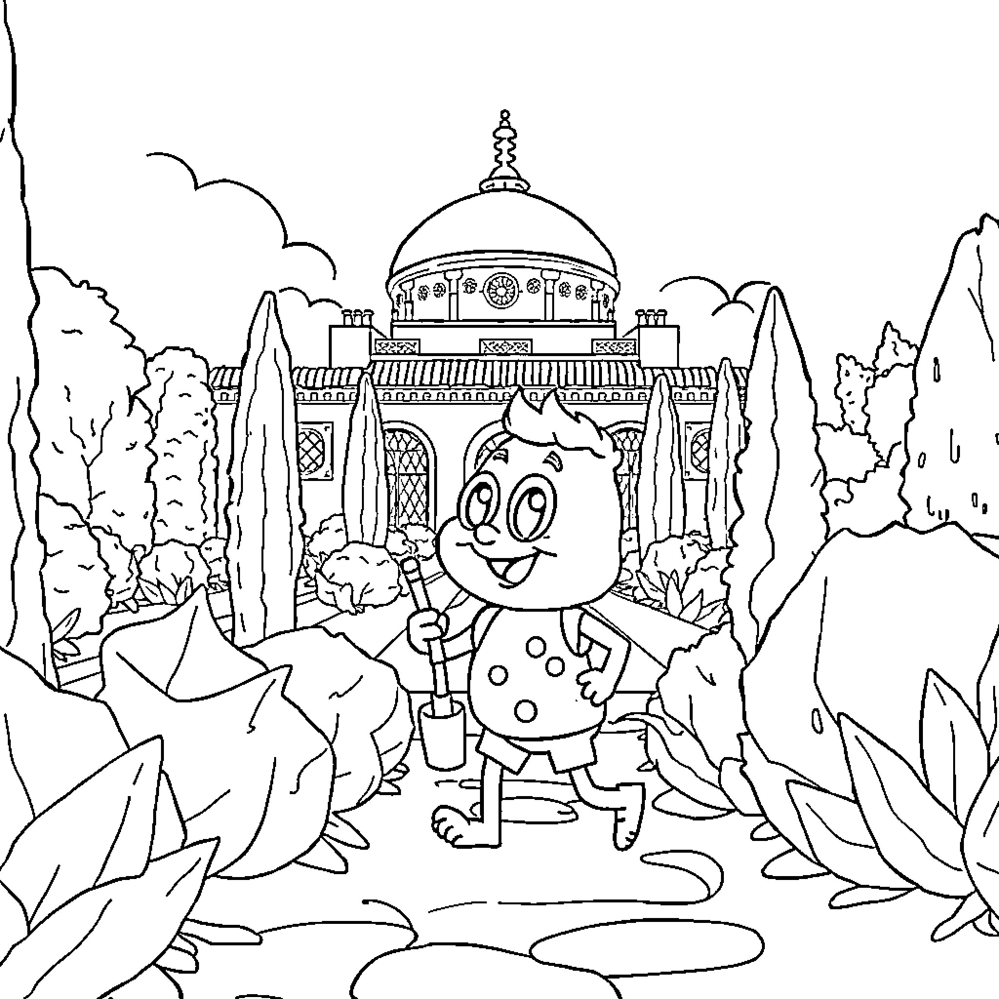 Spongebob exploring the magical underwater palace Coloring Page (free black-and-white line drawing printable PDF for all, from beginners to advanced learners, including children, teens, adults, and seniors)