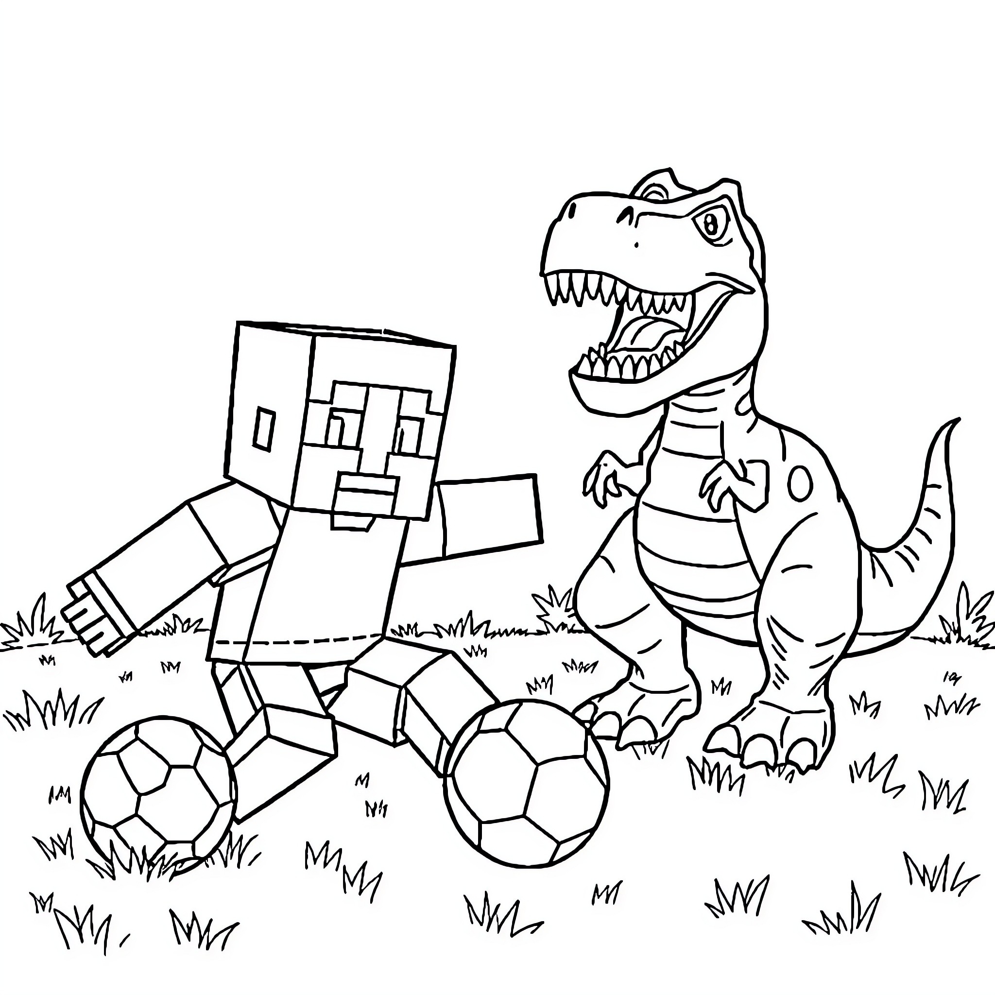Minecraft Character Playing Soccer with Dinosaur Coloring Page (free black-and-white line drawing printable PDF for all, from beginners to advanced learners, including children, teens, adults, and seniors)