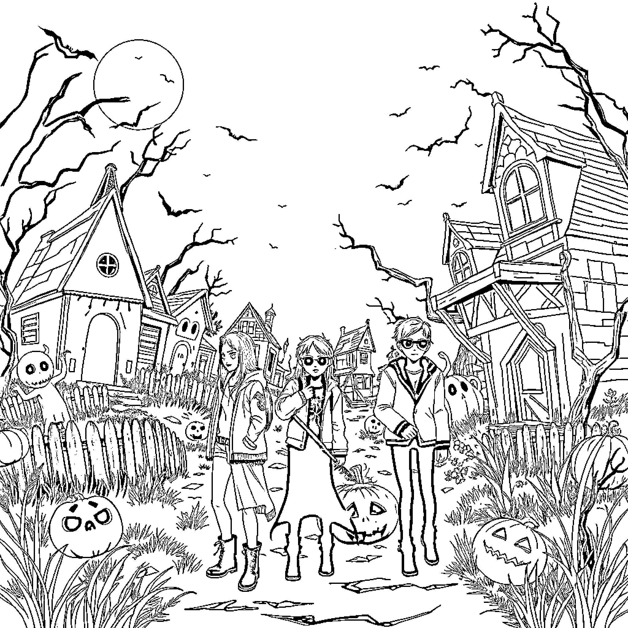Teen characters in eerie Halloween town Coloring Page (free black-and-white line drawing printable PDF for all, from beginners to advanced learners, including children, teens, adults, and seniors)
