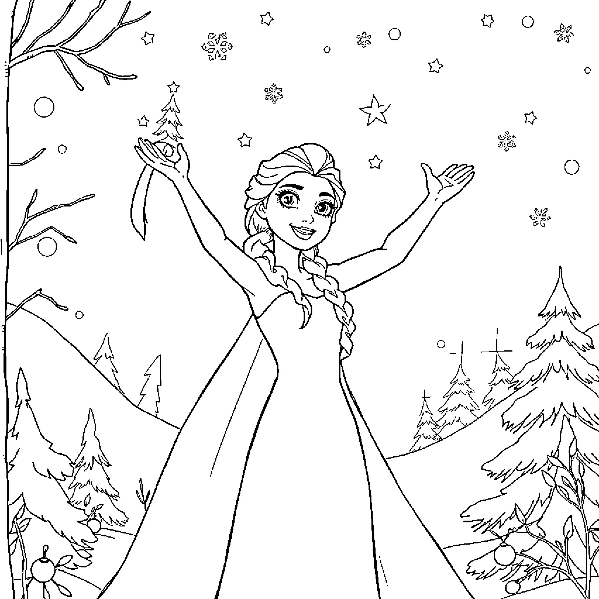 Elsa celebrating the winter wonderland with joy Coloring Page (free black-and-white line drawing printable PDF for all, from beginners to advanced learners, including children, teens, adults, and seniors)