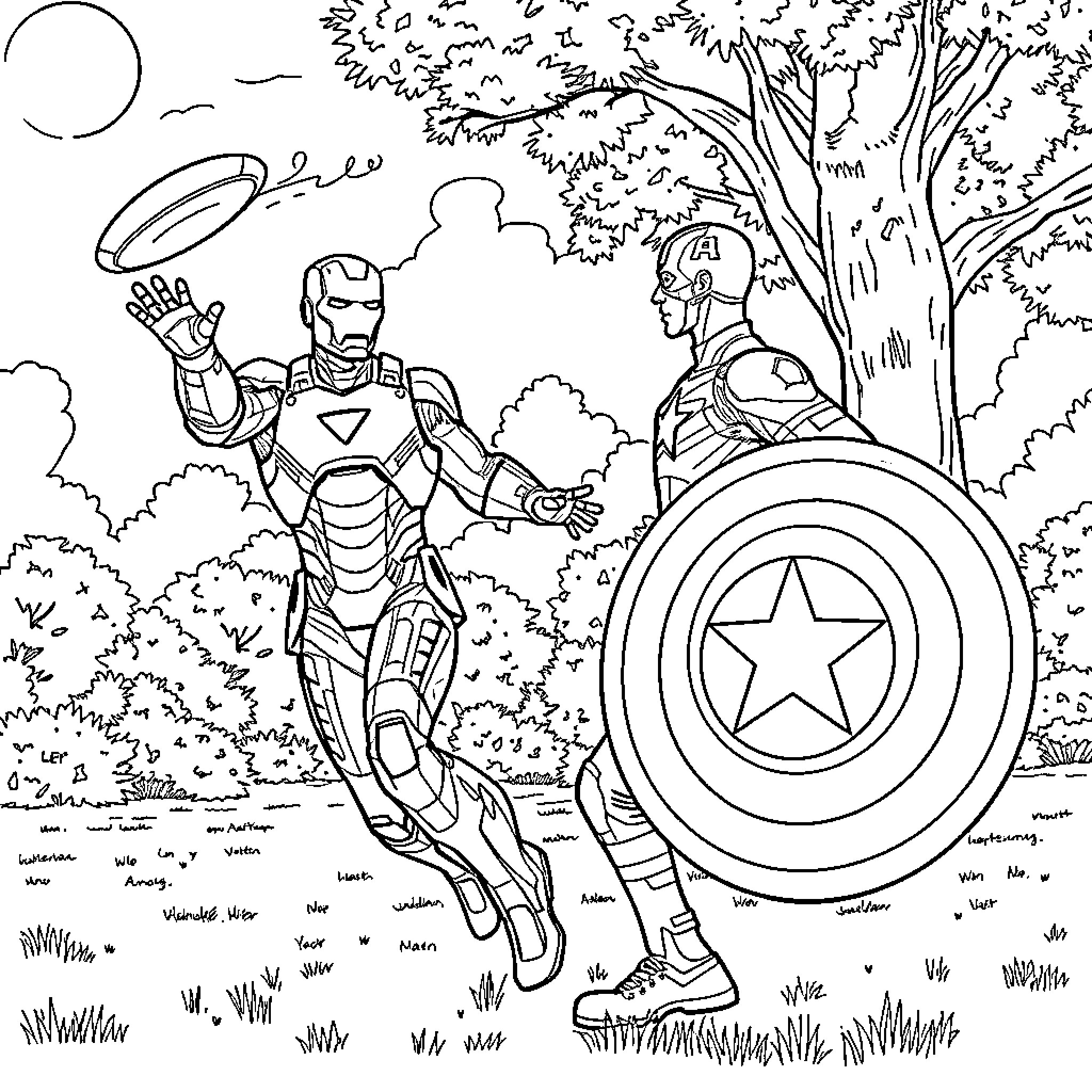 Ironman battles Captain America in a forest setting Coloring Page (free black-and-white line drawing printable PDF for all, from beginners to advanced learners, including children, teens, adults, and seniors)