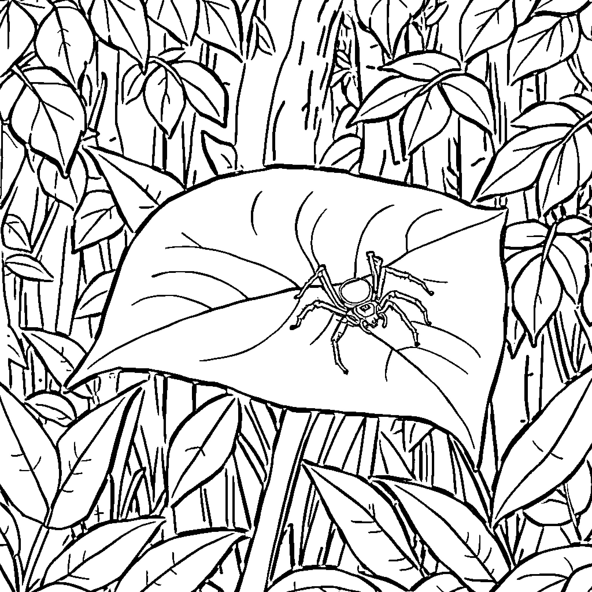 Spider crawling on leaf in the jungle Coloring Page (free black-and-white line drawing printable PDF for all, from beginners to advanced learners, including children, teens, adults, and seniors)