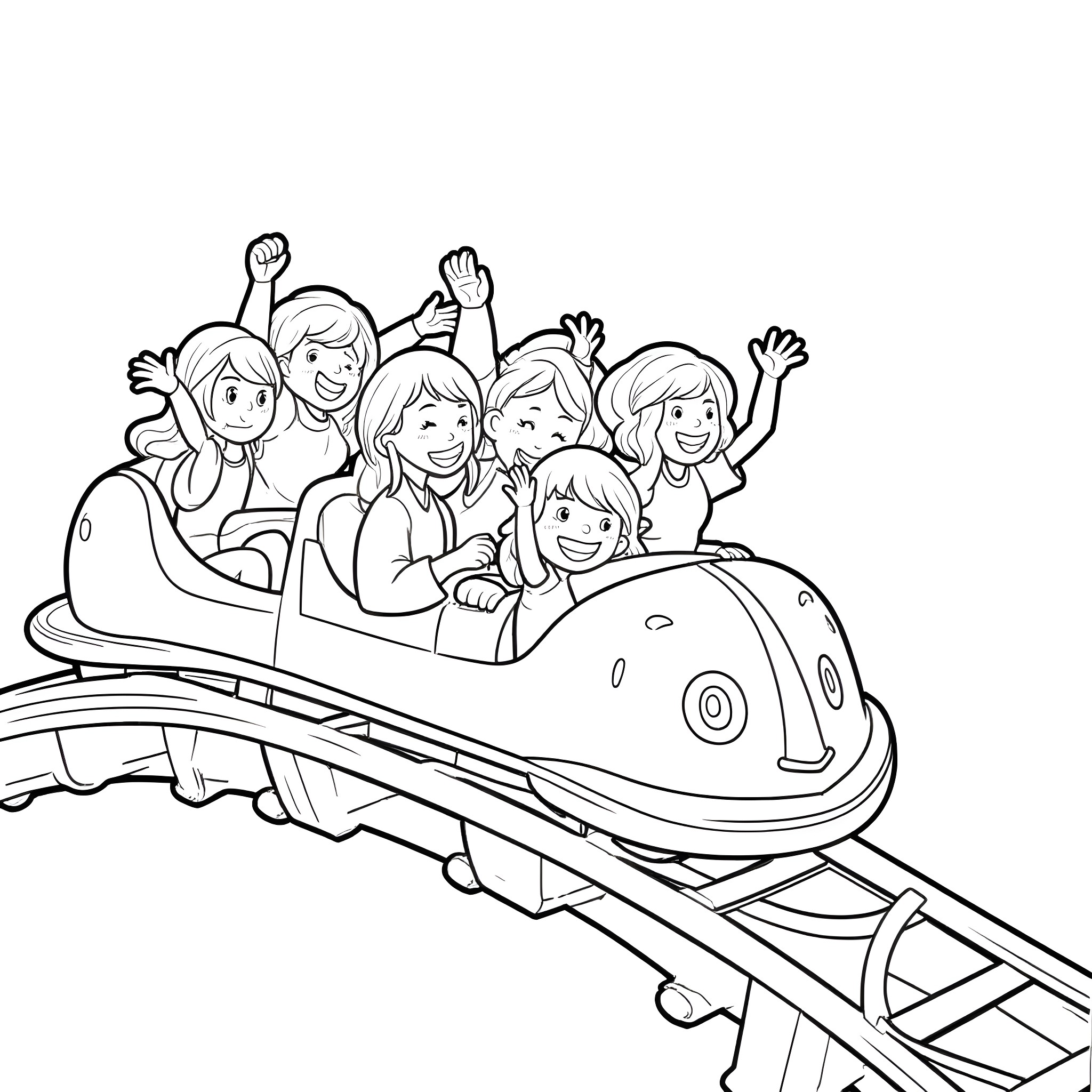 Bluey's friends enjoy a thrilling ride on the roller coaster Coloring Page (free black-and-white line drawing printable PDF for all, from beginners to advanced learners, including children, teens, adults, and seniors)