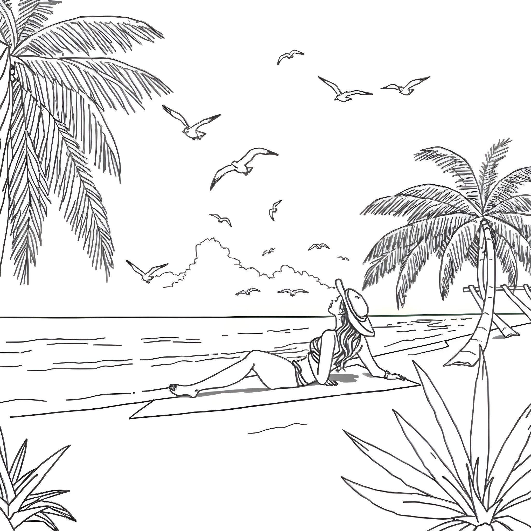 Lady relaxing on the beach under palm trees Coloring Page (free black-and-white line drawing printable PDF for all, from beginners to advanced learners, including children, teens, adults, and seniors)